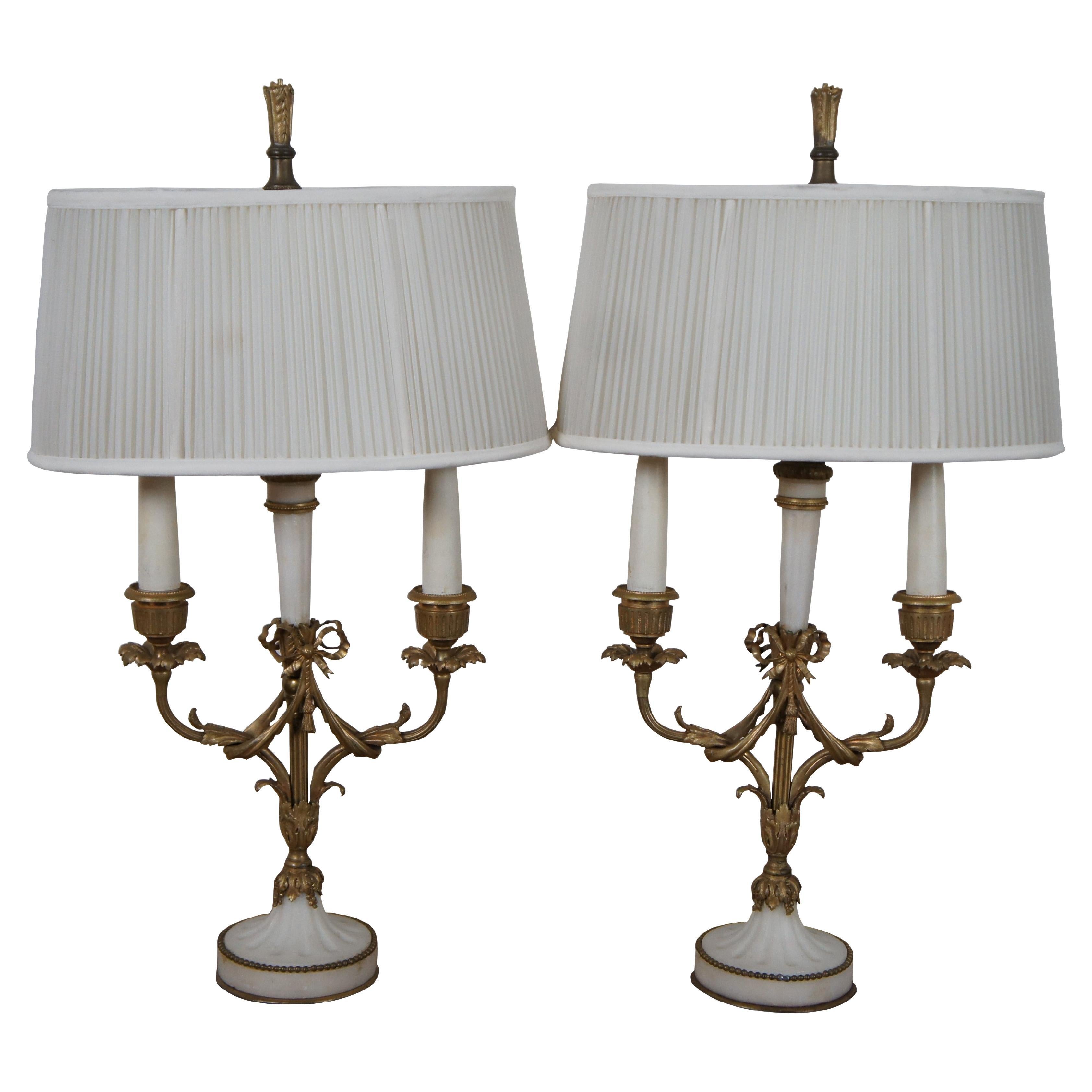 2 Antique French Neoclassical Gilt Bronze Alabaster Bouillotte Table Lamps For Sale