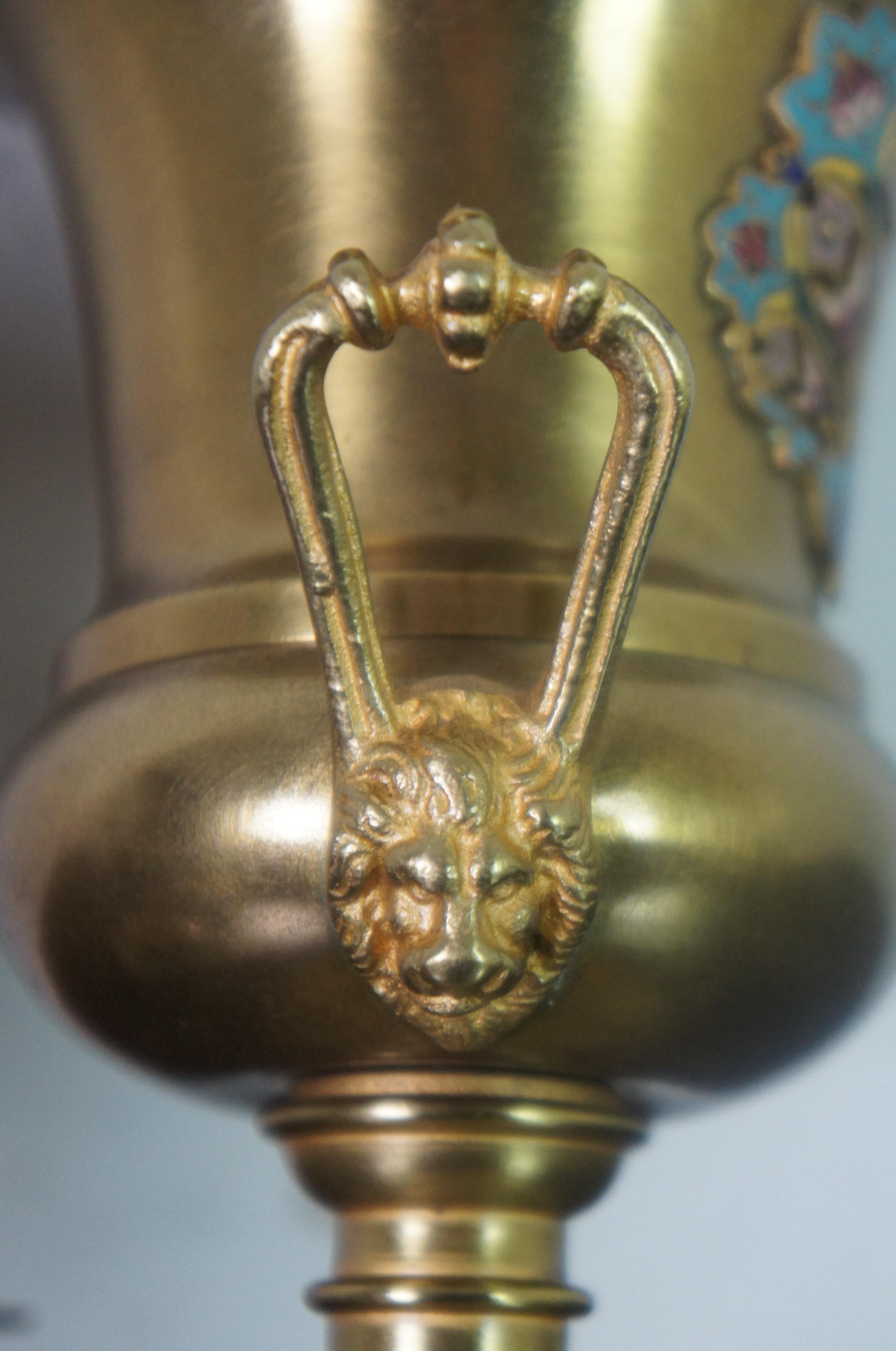 2 Antique French Neoclassical Gilt Bronze Champleve Enamel Trophy Urn Vases 9