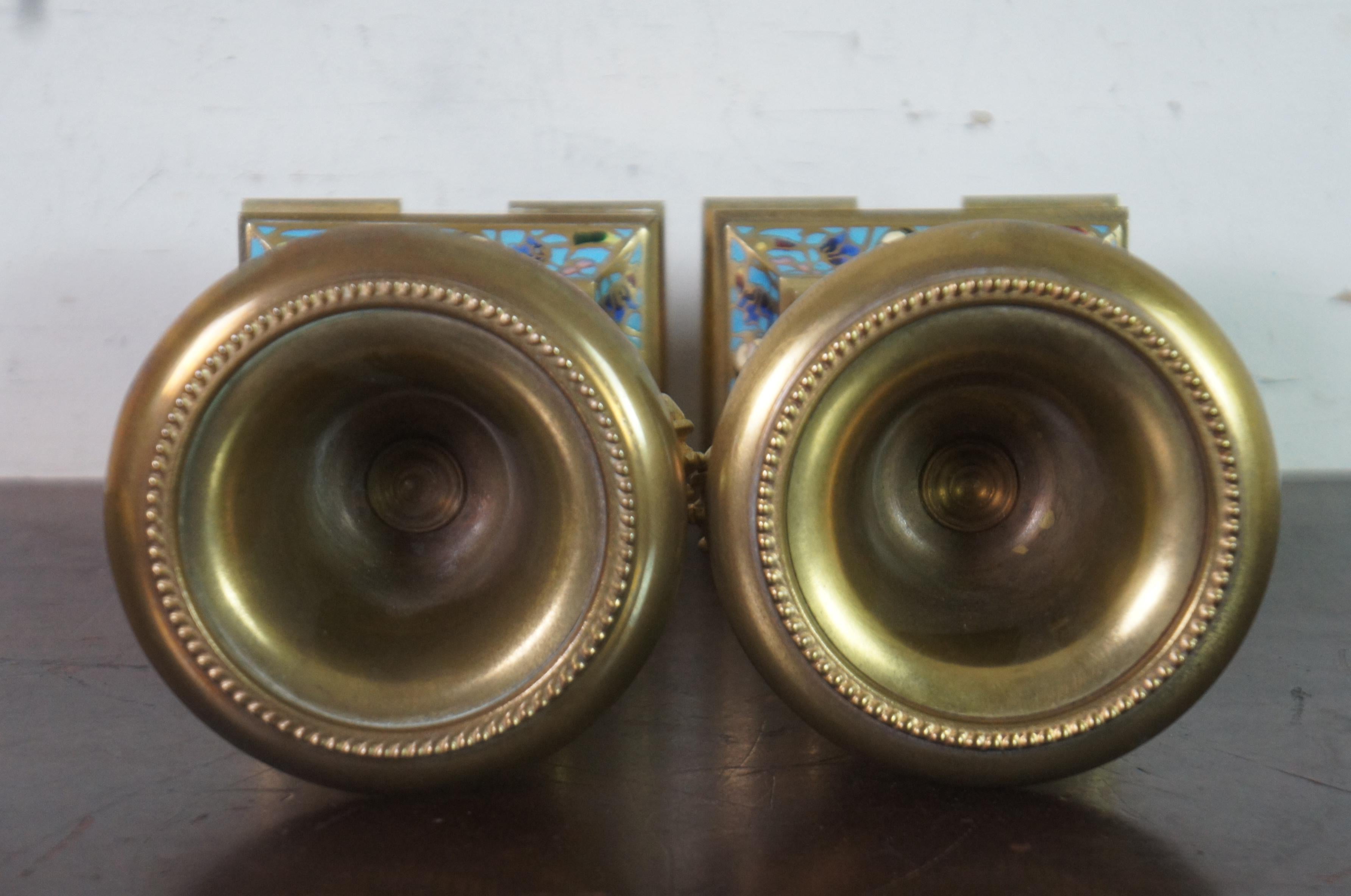 2 Antique French Neoclassical Gilt Bronze Champleve Enamel Trophy Urn Vases In Good Condition In Dayton, OH