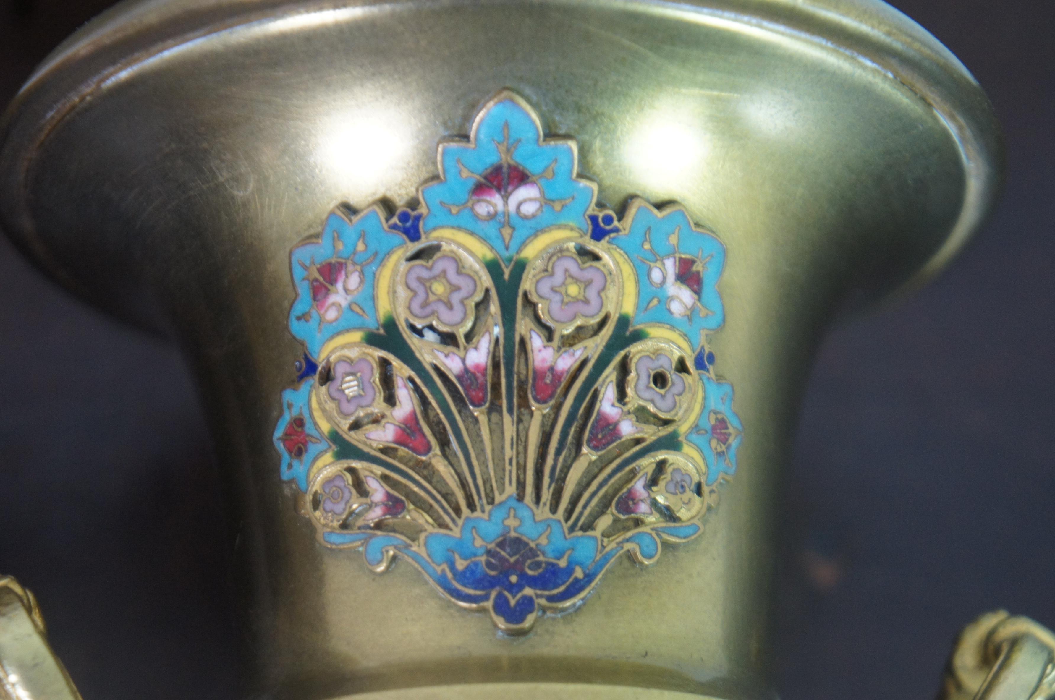 2 Antique French Neoclassical Gilt Bronze Champleve Enamel Trophy Urn Vases 1