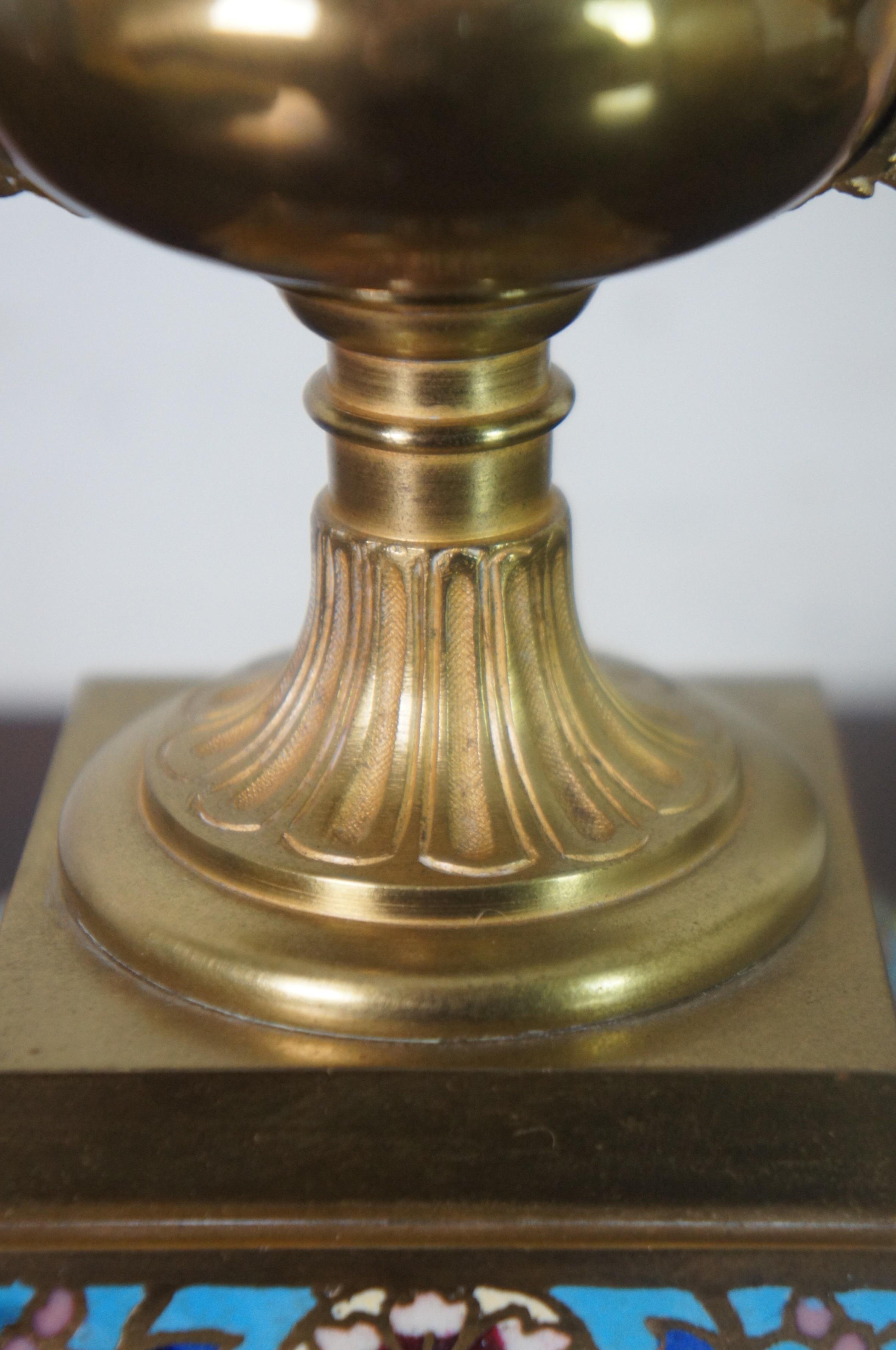 2 Antique French Neoclassical Gilt Bronze Champleve Enamel Trophy Urn Vases 2