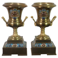 2 Antique French Neoclassical Gilt Bronze Champleve Enamel Trophy Urn Vases