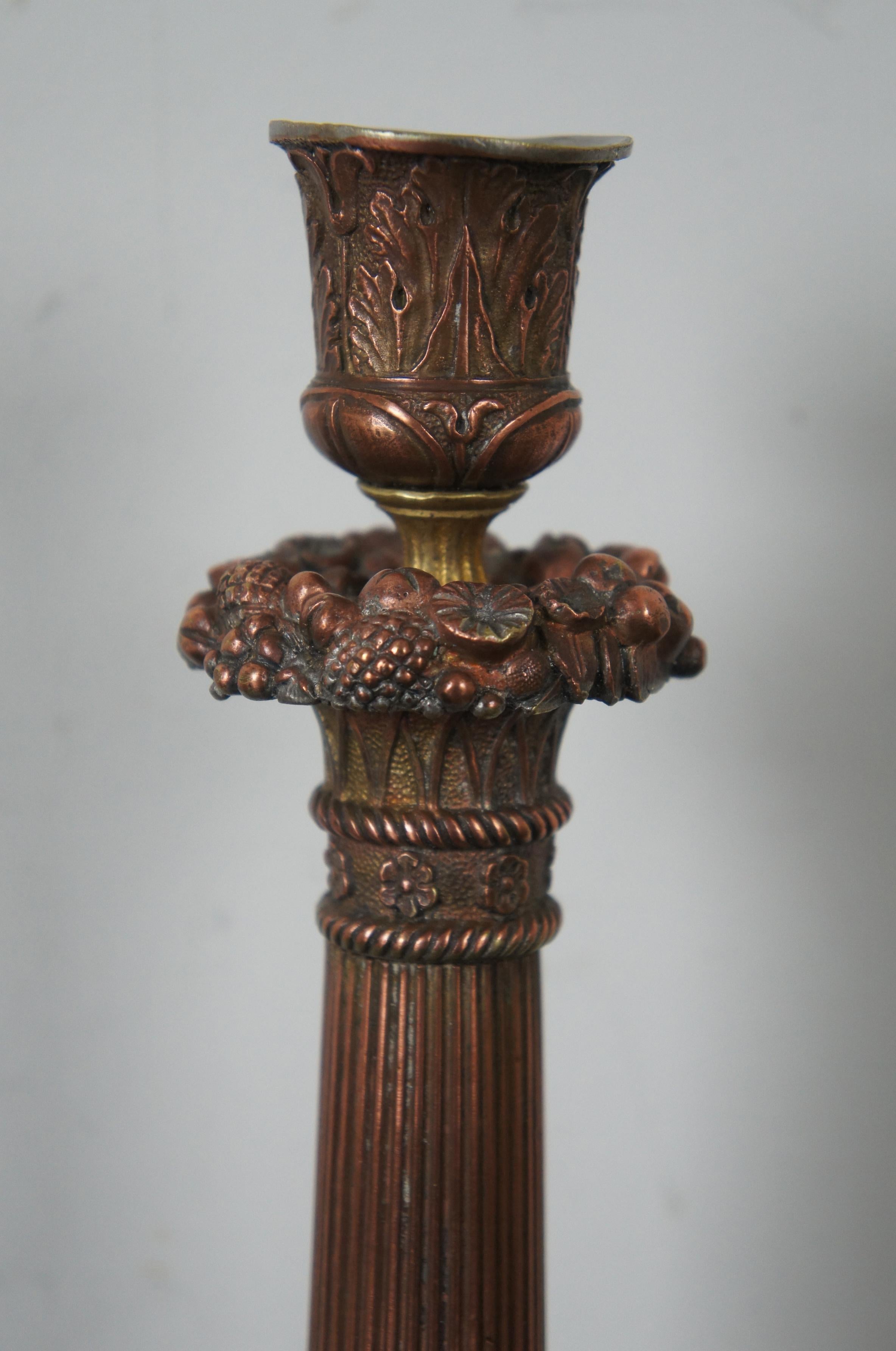 2 Antique French Neoclassical Ornate Copper Corinthian Column Candlesticks 6