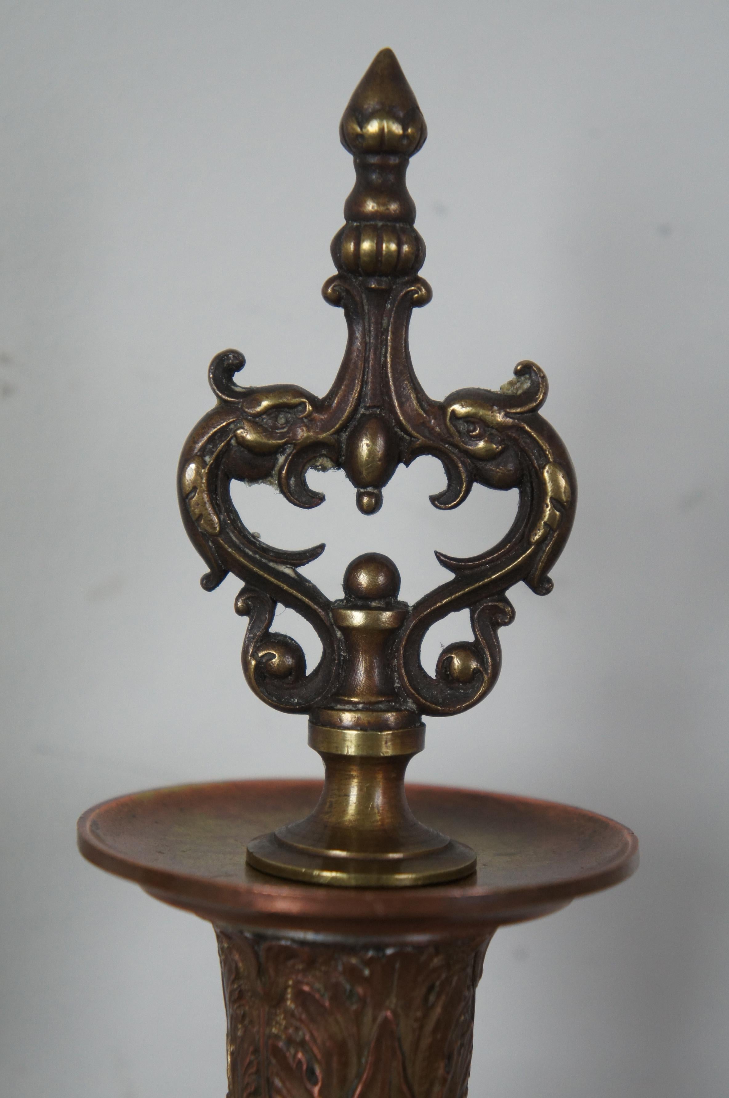 2 Antique French Neoclassical Ornate Copper Corinthian Column Candlesticks In Good Condition In Dayton, OH