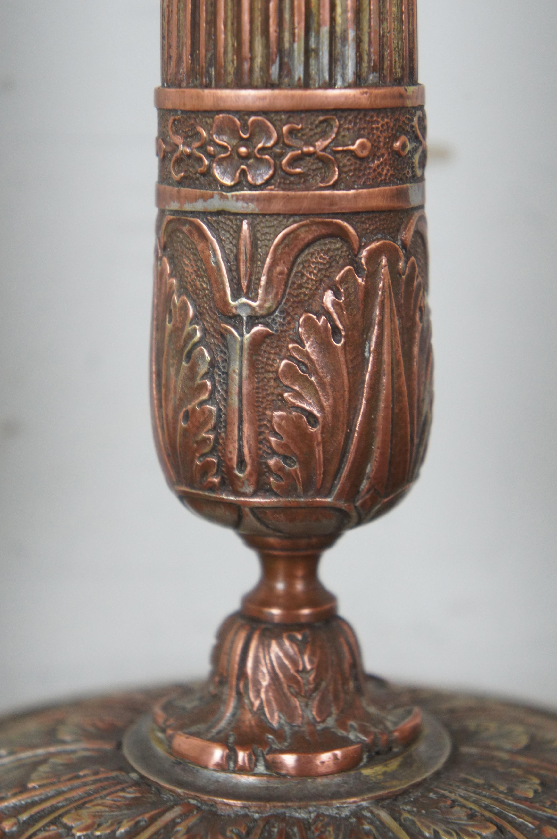 2 Antique French Neoclassical Ornate Copper Corinthian Column Candlesticks 1