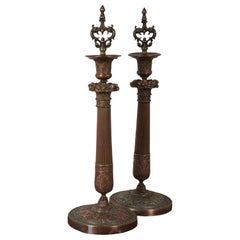 2 Antique French Neoclassical Ornate Copper Corinthian Column Candlesticks