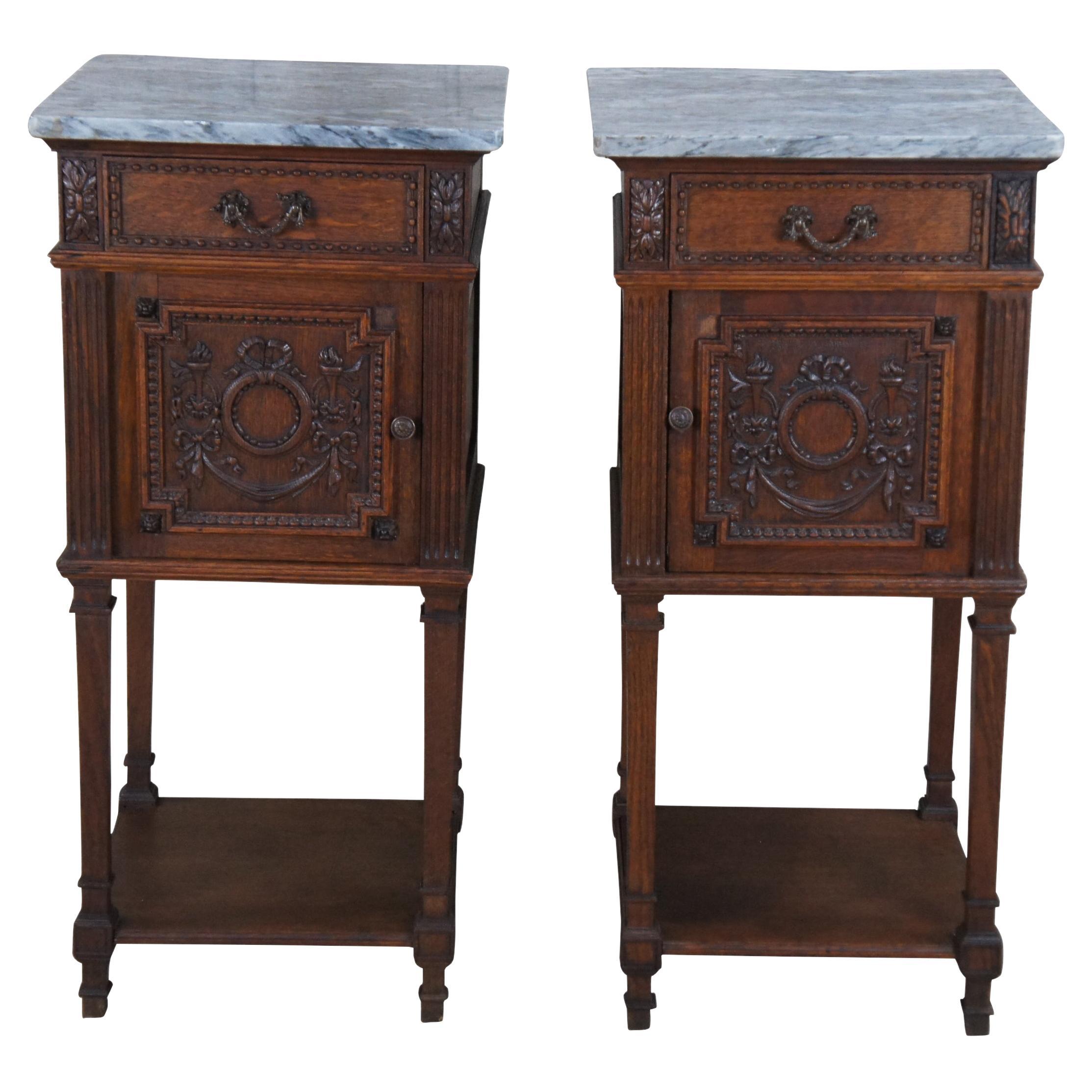 2 Antique French Neoclassical Quartersawn Oak Marble Nightstands Smoking Stands For Sale