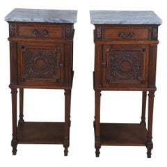 2 Antique French Neoclassical Quartersawn Oak Marble Nightstands Smoking Stands