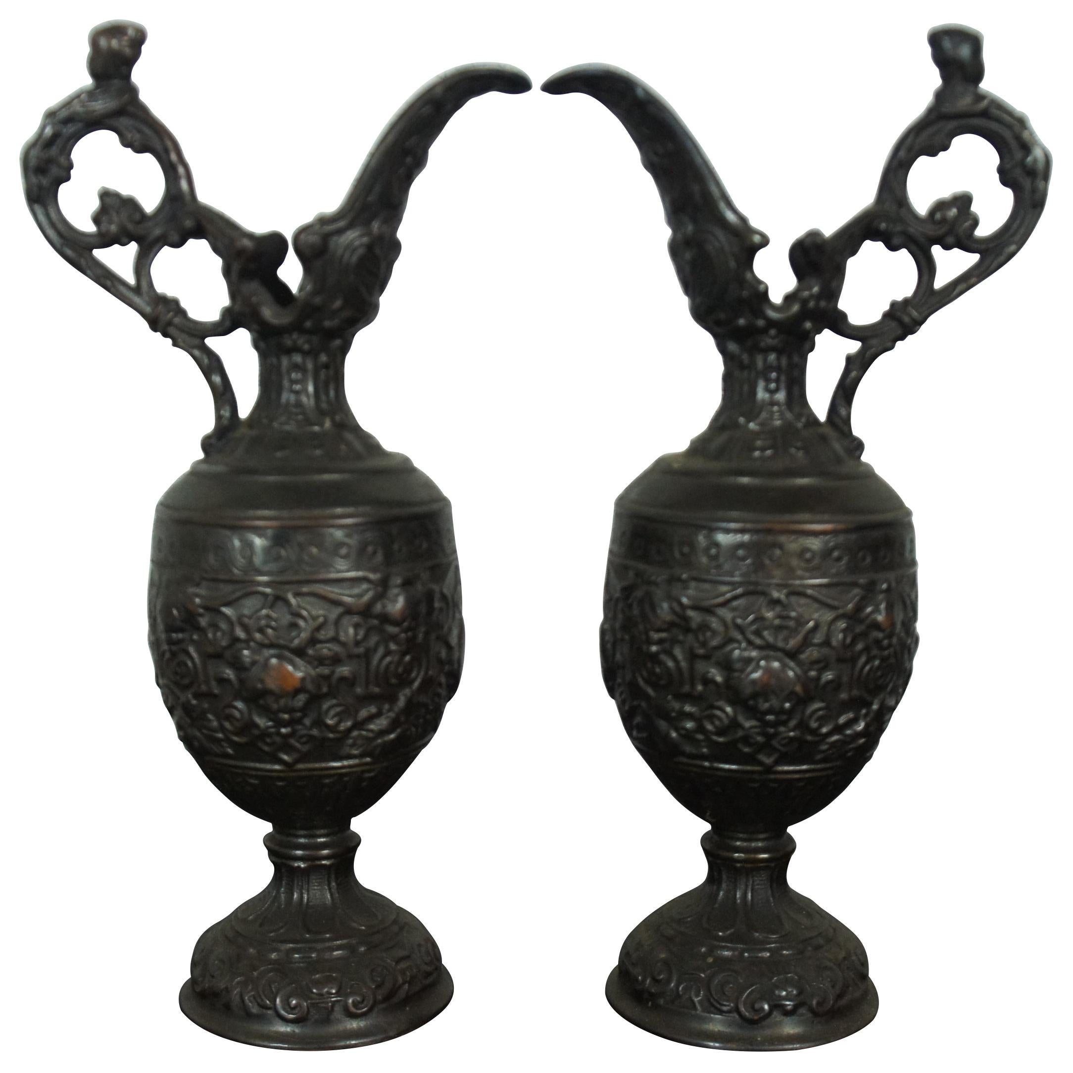 Pair of antique spelter bronze ornamental garniture baluster ewer shaped mantel urns. Measure: 13