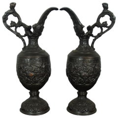 2 Antique French Ornamental Spelter Bronze Mantel Urns Vases Ewers