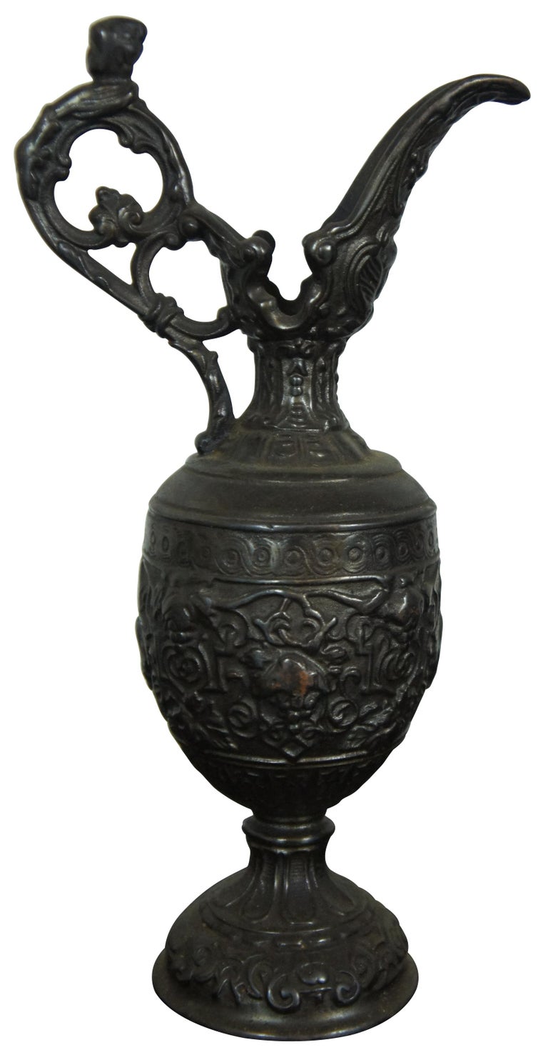 2 Antique French Ornamental Spelter Bronze Mantel Urns Vases Ewers For