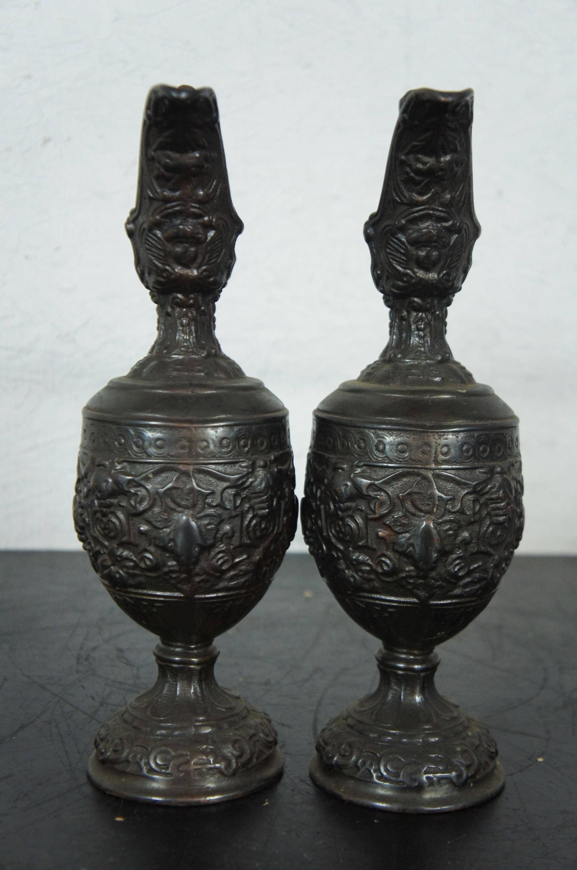 2 Antique French Ornamental Spelter Bronze Mantel Urns Vases Ewers 1