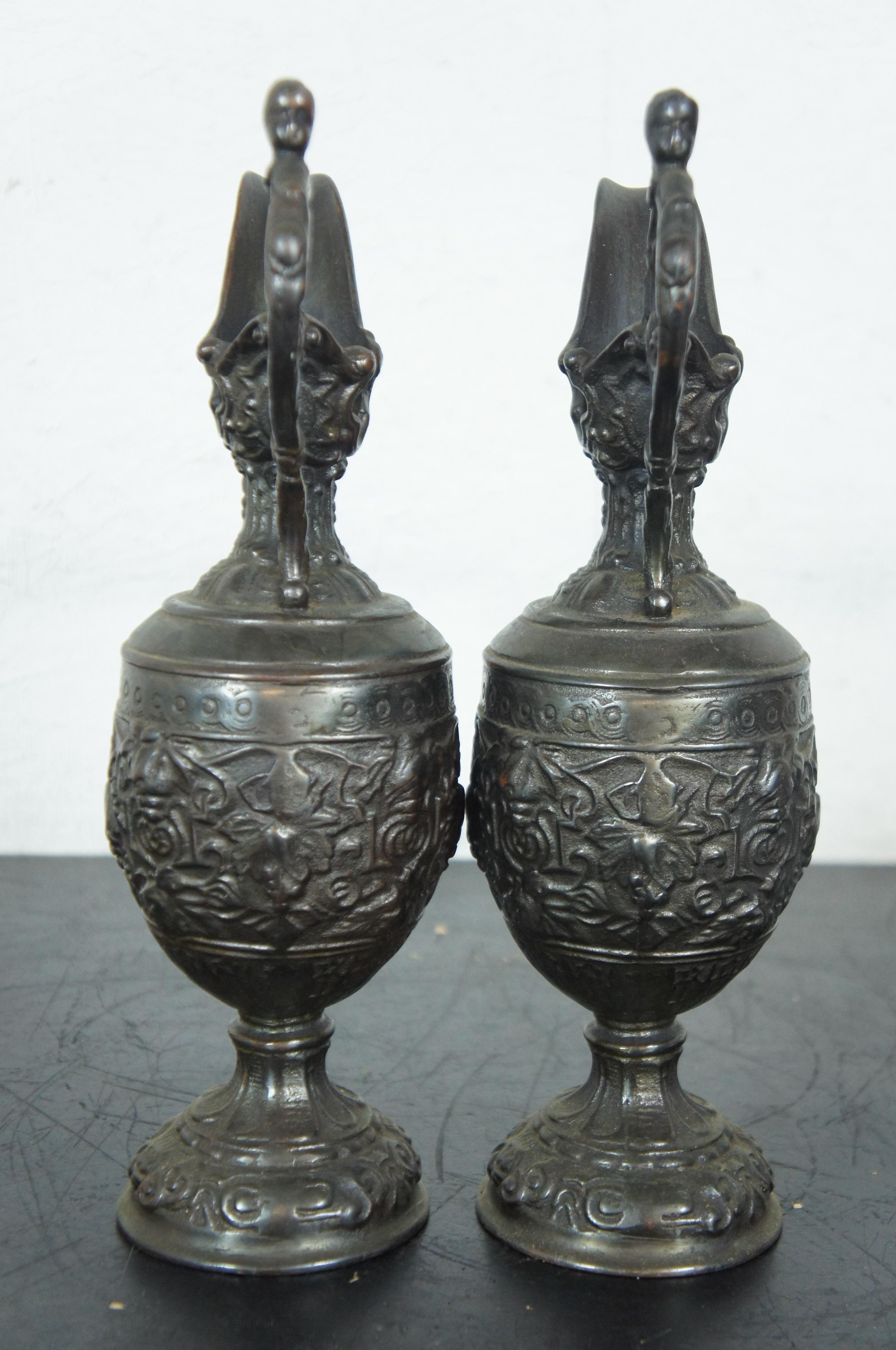 2 Antique French Ornamental Spelter Bronze Mantel Urns Vases Ewers 2