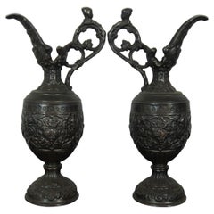 2 Antique French Ornamental Spelter Bronze Mantel Urns Vases Ewers