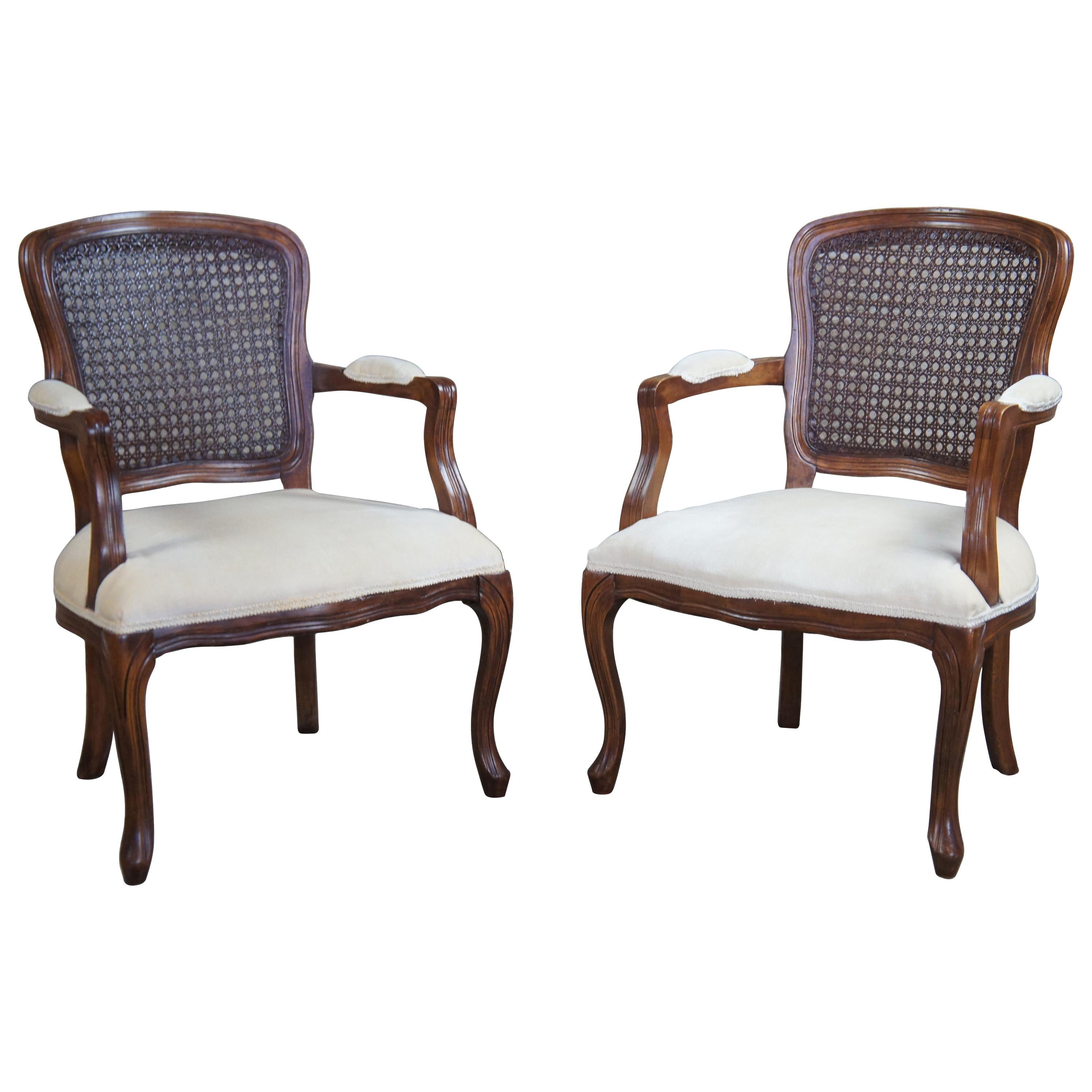 2 Antique French Provincial Walnut Cane Back Parlor Armchairs Fauteuil, Pair