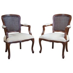 2 Antique French Provincial Walnut Cane Back Parlor Armchairs Fauteuil, Pair