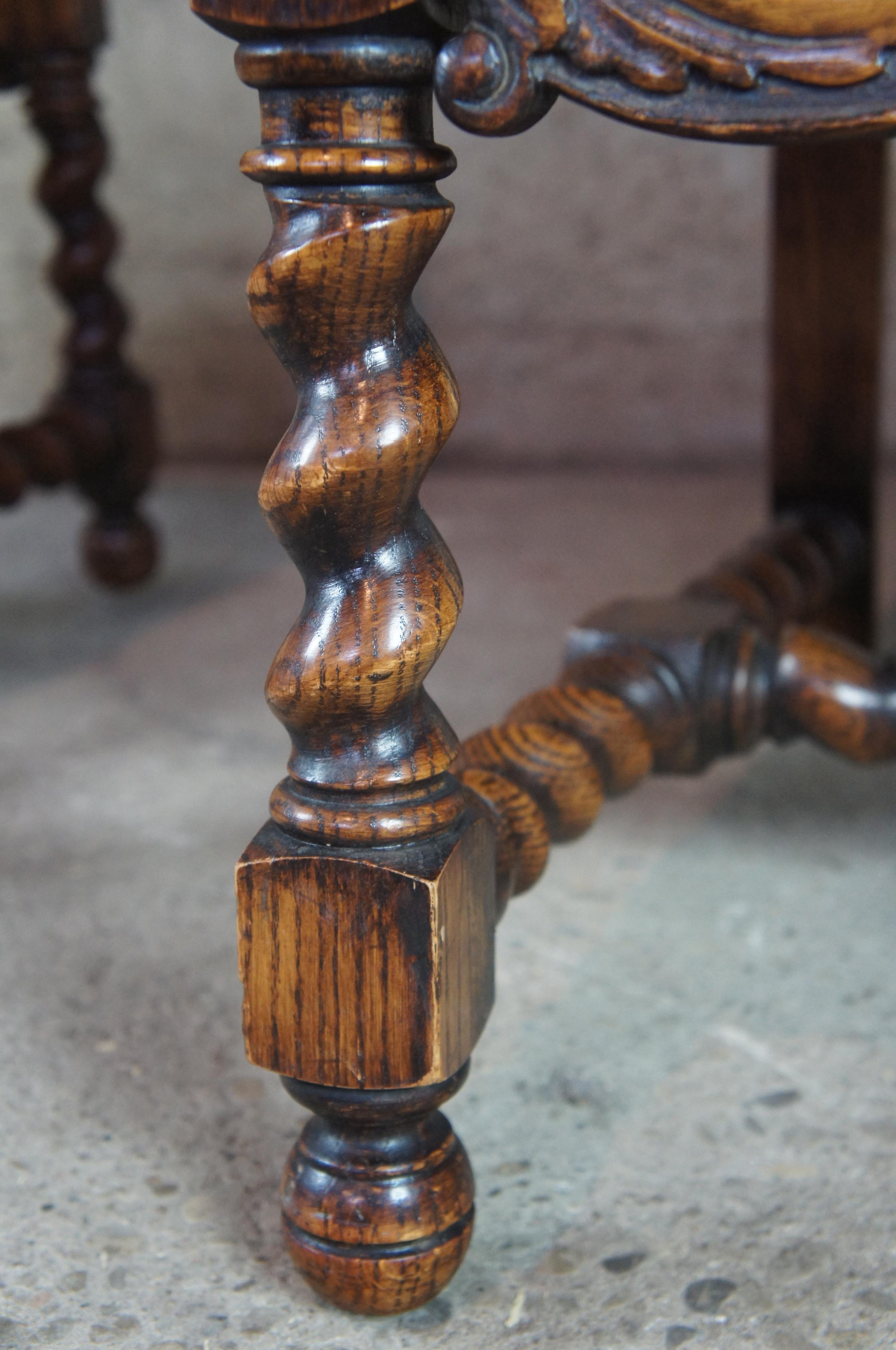 2 Antique French Renaissance Revival Carved Oak Hunt Armchairs Barley Twist 8