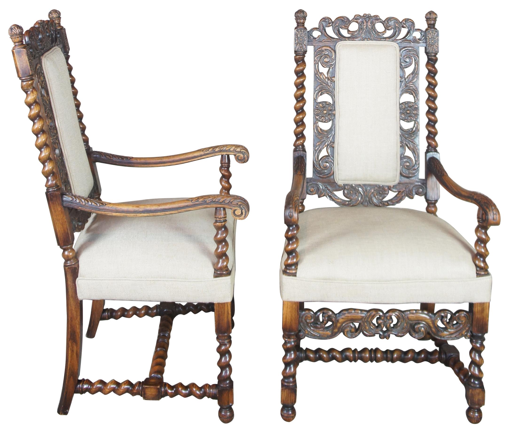 2 antique French Renaissance Revival carved oak hunt arm chairs barley twist

Two 19th century French Renaissance Revival armchairs. Made from oak with heavily carved front and back. Features acanthus and barley twist design as well as two figural