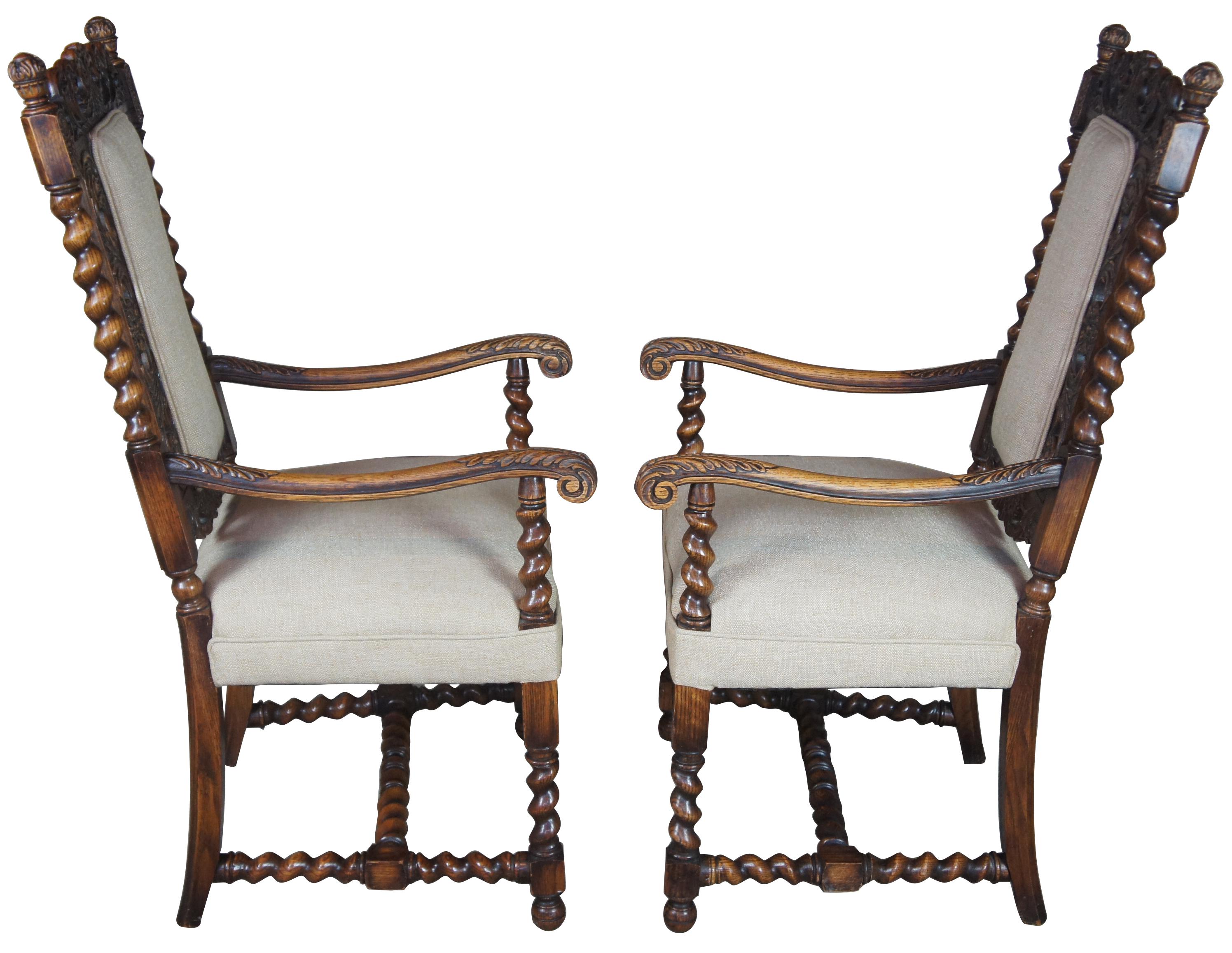 2 Antique French Renaissance Revival Carved Oak Hunt Armchairs Barley Twist In Good Condition In Dayton, OH