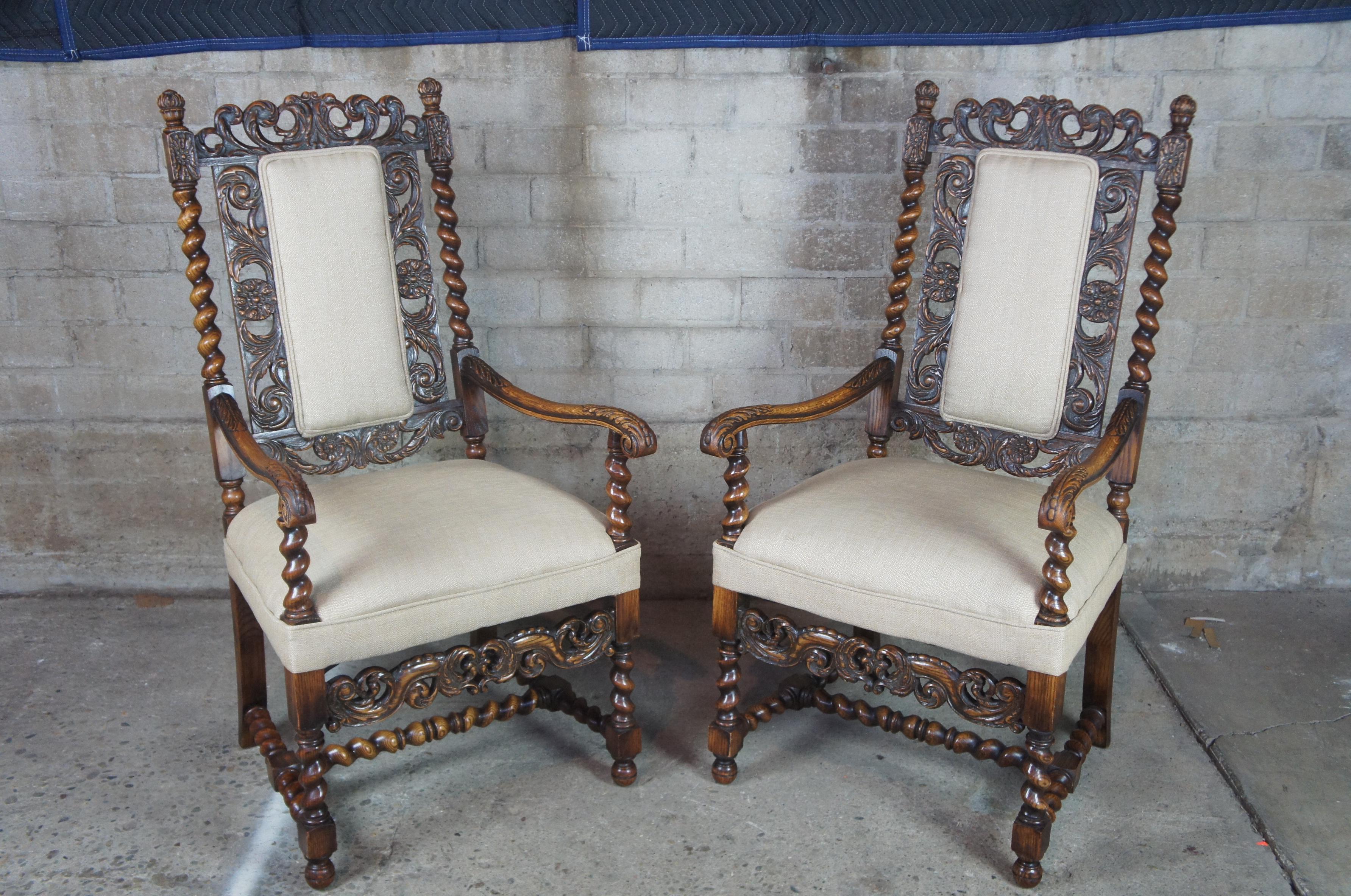 19th Century 2 Antique French Renaissance Revival Carved Oak Hunt Armchairs Barley Twist