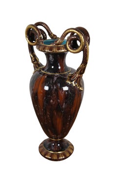 2 Antique French Sarregumines Majolica Snake Serpent Mantel Vase Urn 17"