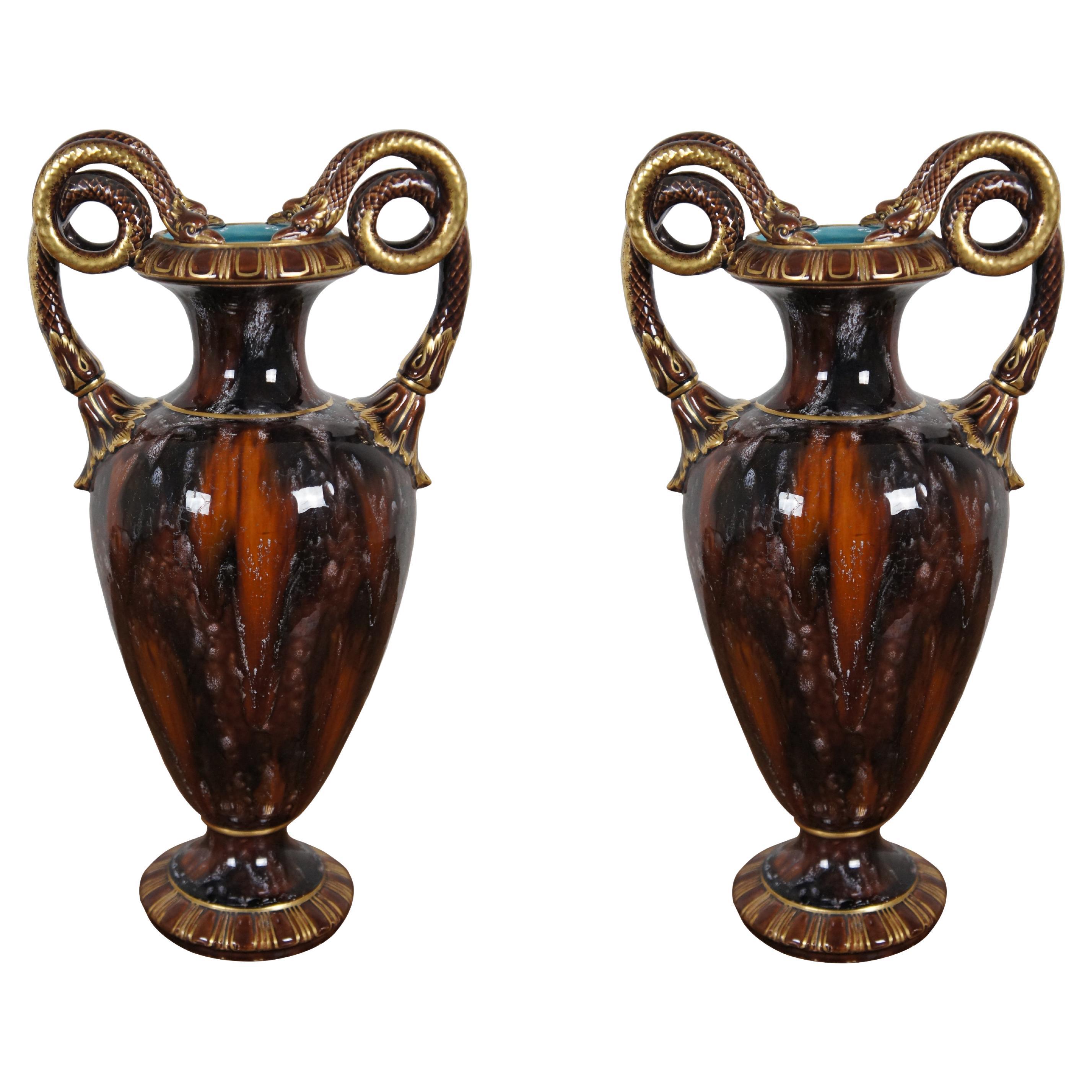 2 Antique French Sarregumines Majolica Snake Serpent Mantel Vase Urn 17"