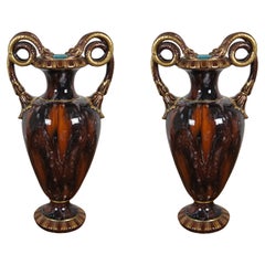 2 Antique French Sarregumines Majolica Snake Serpent Mantel Vase Urn 17"