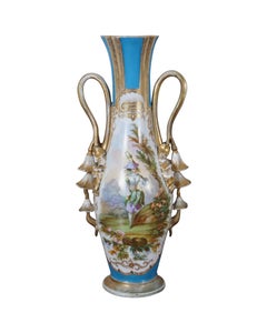 2 Antique French Sevres Style Turquoise Gold Porcelain Mantel Urns Vases
