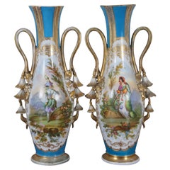 2 Antique French Sevres Style Turquoise Gold Porcelain Mantel Urns Vases