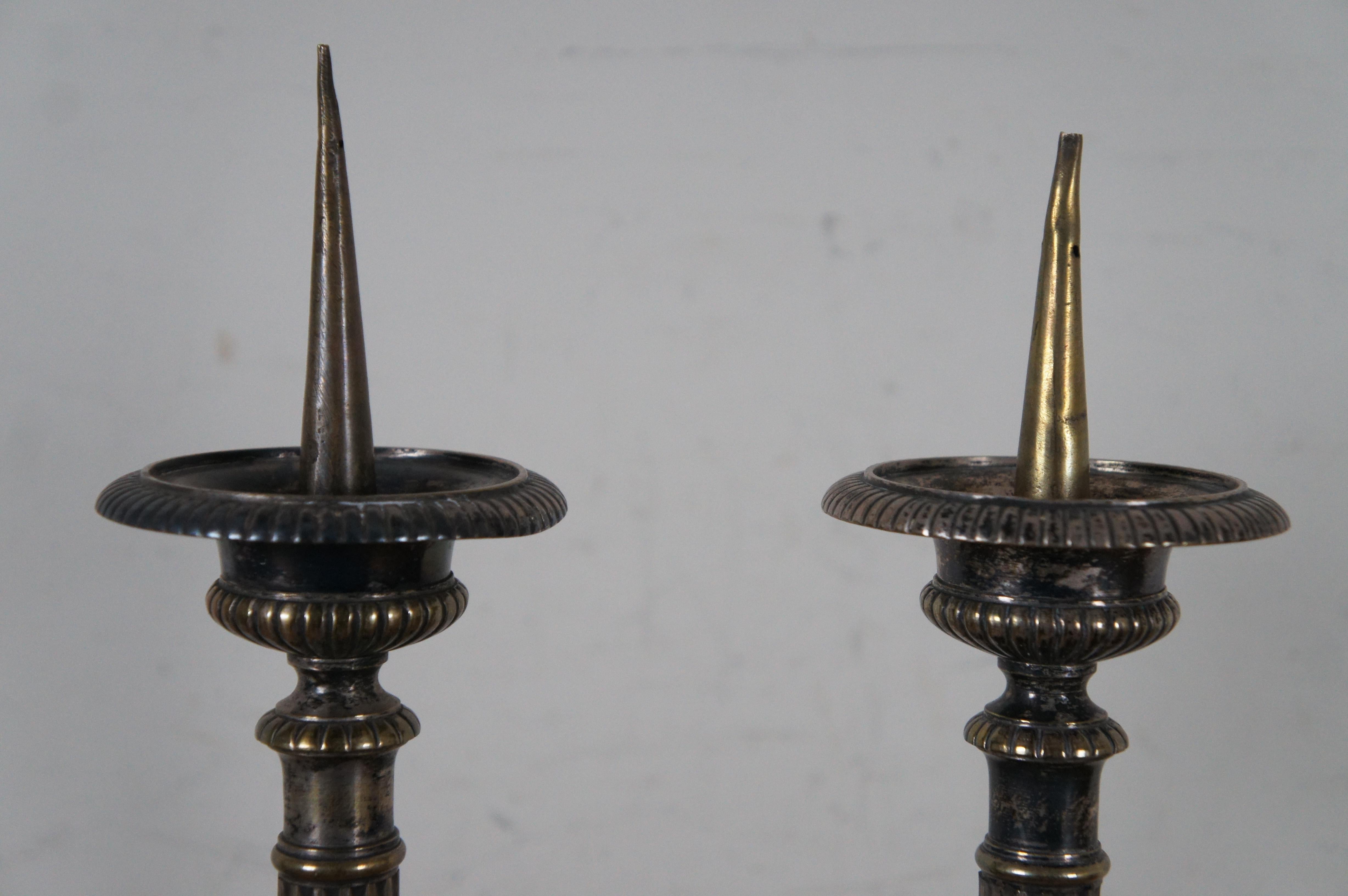 2 Antique French Silver Plate Church Temple Altar Pricket Candlesticks Holder For Sale 6