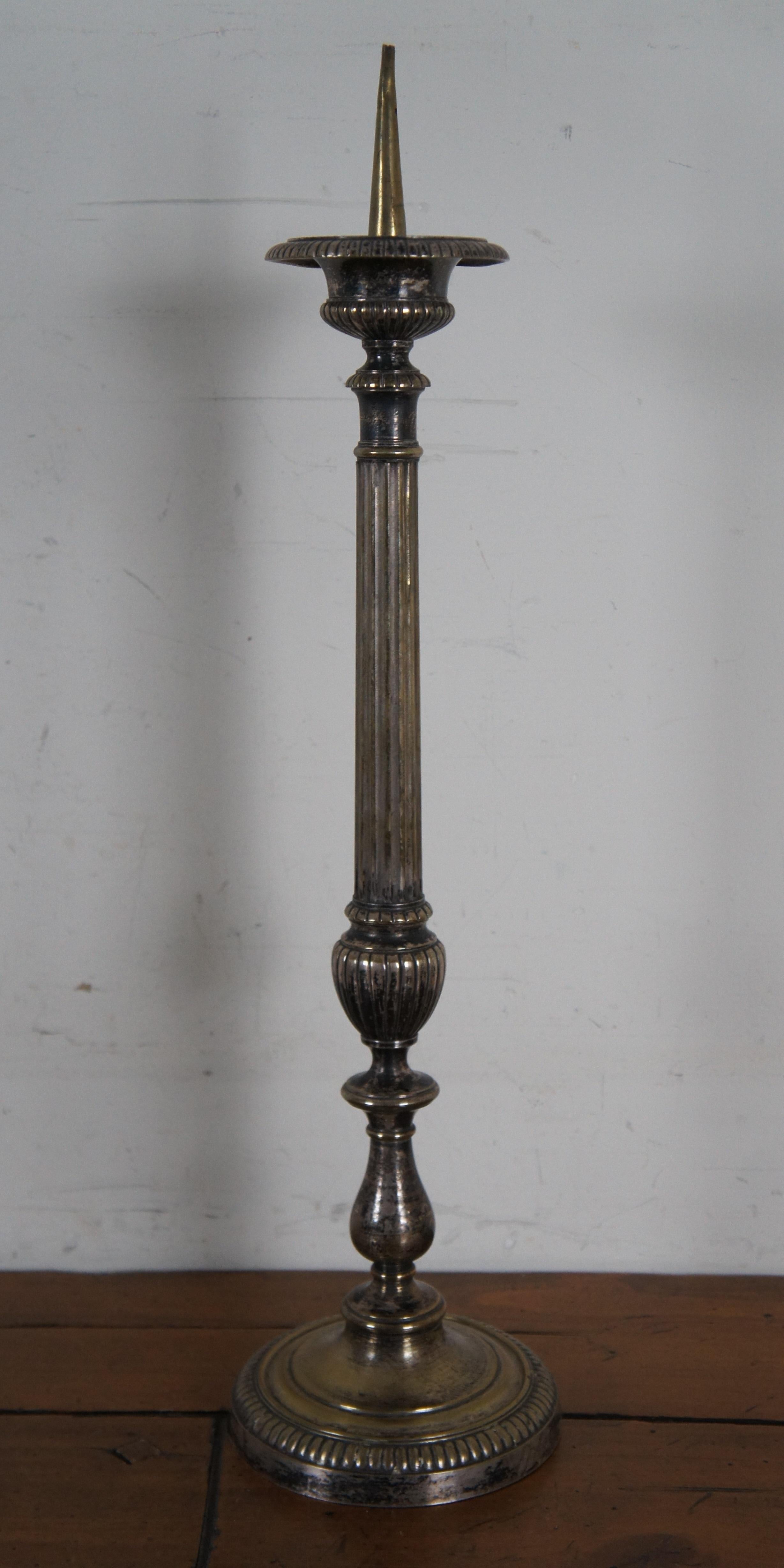 Louis XVI 2 Antique French Silver Plate Church Temple Altar Pricket Candlesticks Holder For Sale