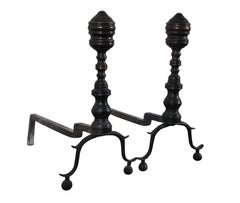 2 Antique Georgian Wrought Iron Brass Hearthware Fire Dogs Andirons 15'