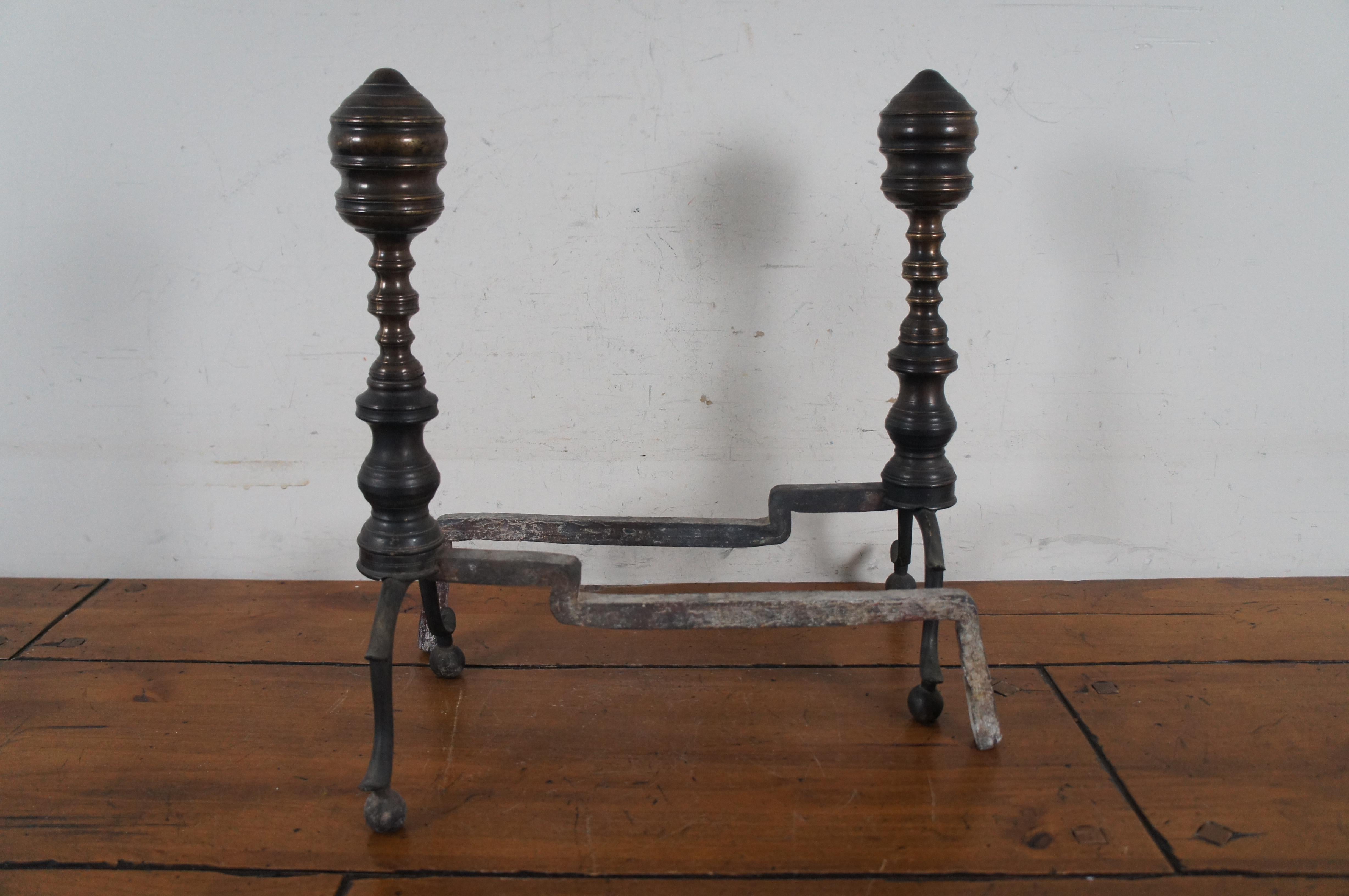 2 Antique Georgian Wrought Iron Brass Hearthware Fire Dogs Andirons 15' For Sale 4