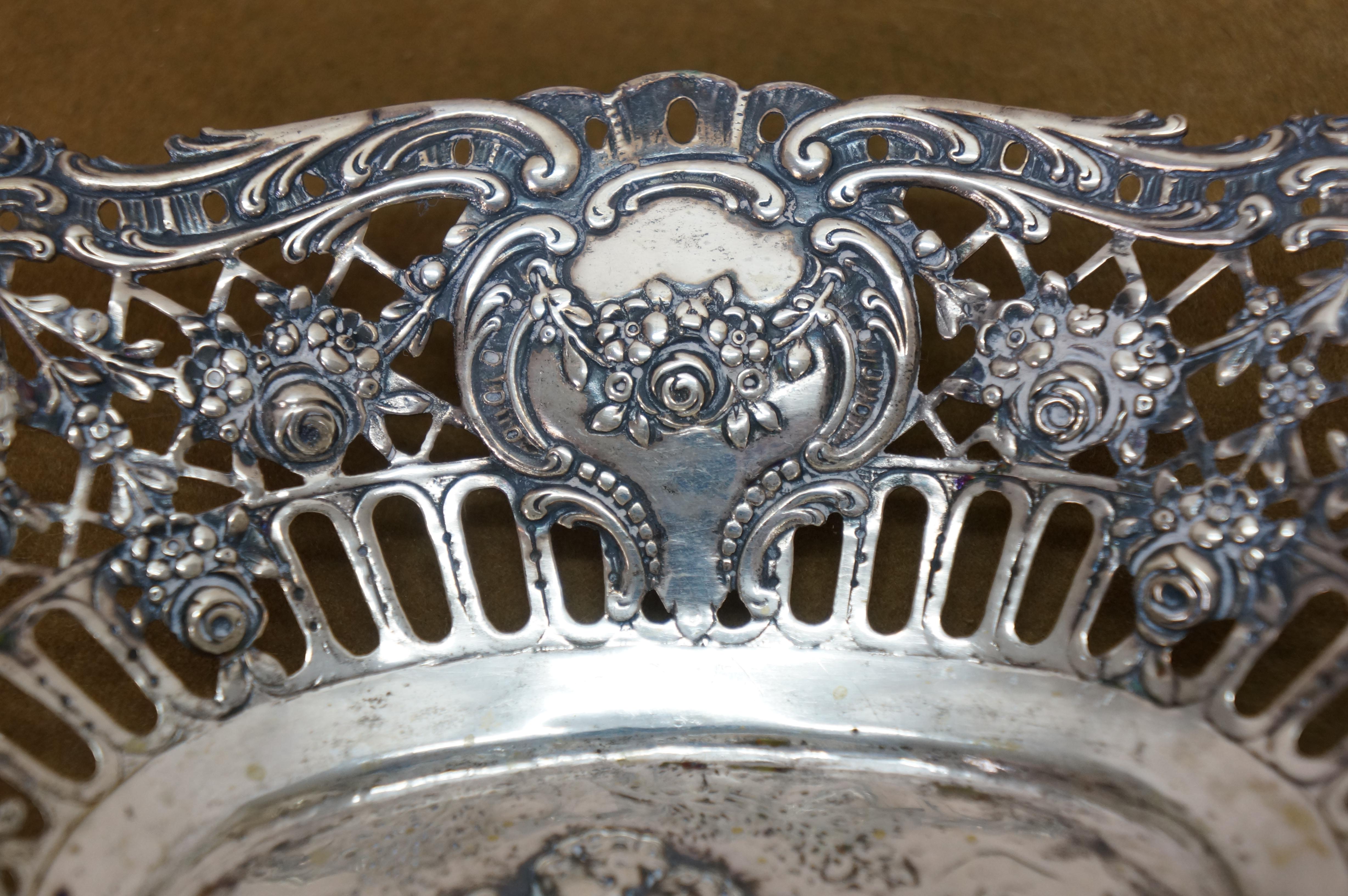 2 Antique German 800 Silver Repousse Pierced Putti Cherub Bread Bowls Baskets 8