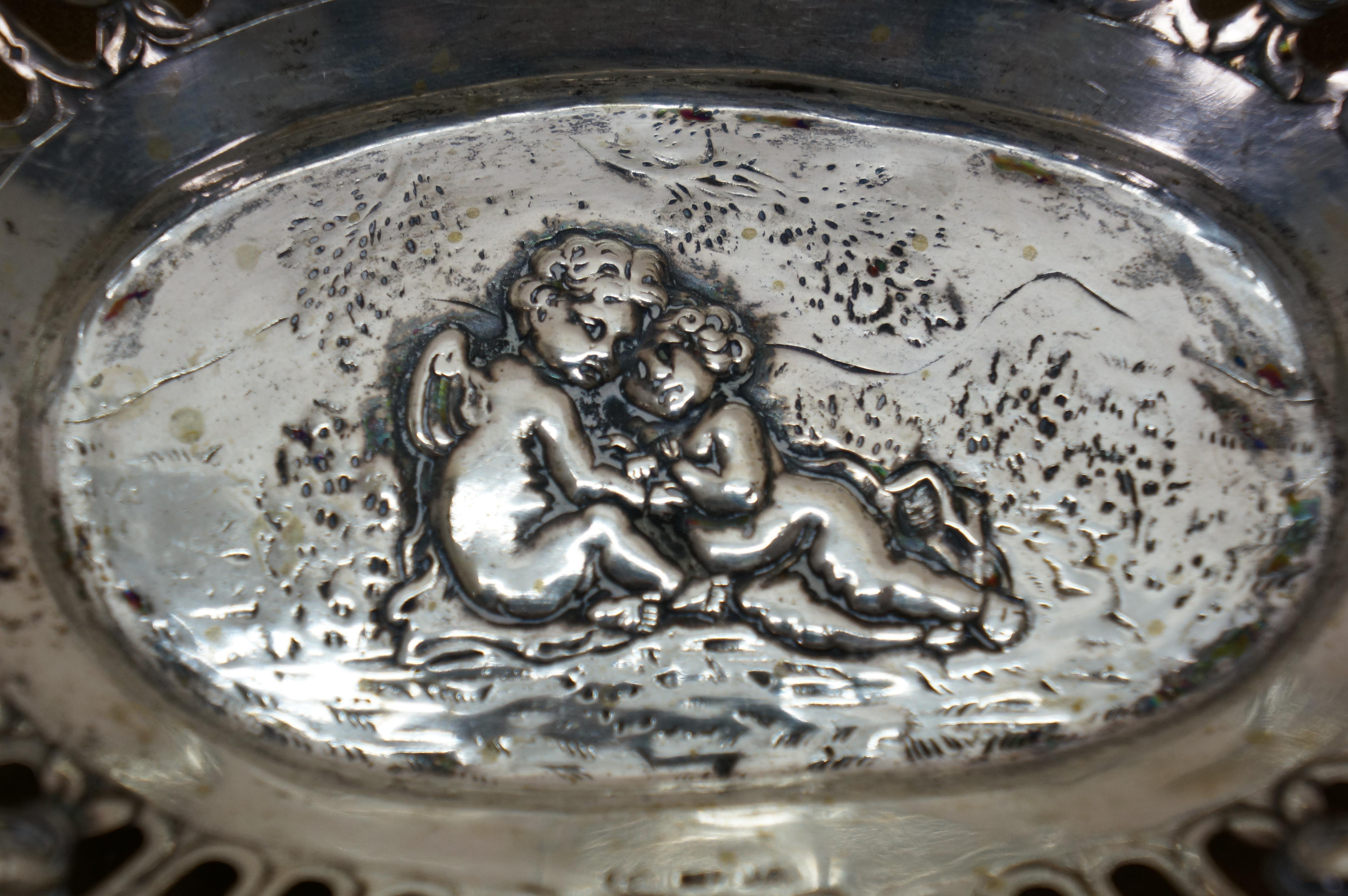 2 Antique German 800 Silver Repousse Pierced Putti Cherub Bread Bowls Baskets 8