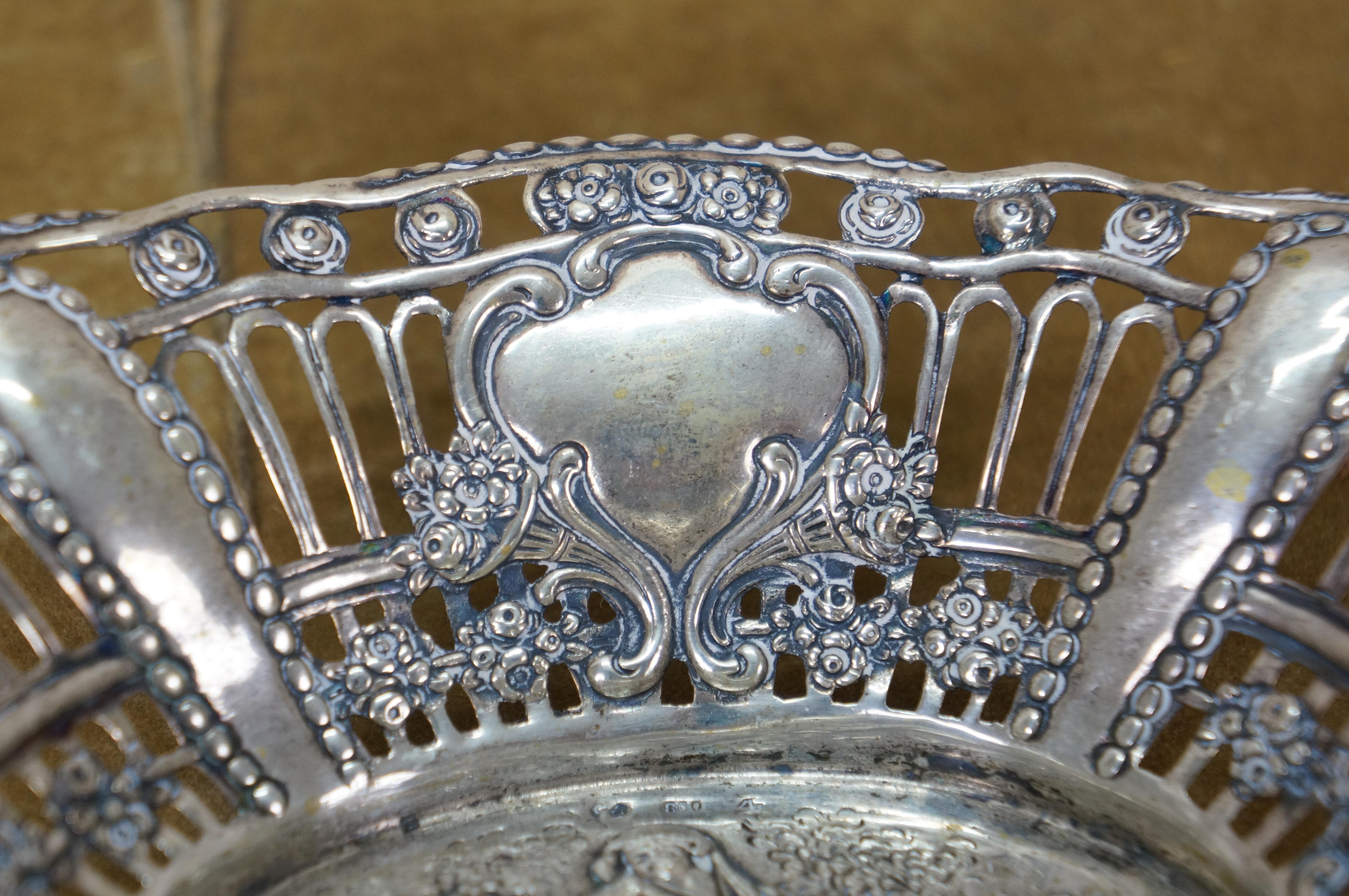 2 Antique German 800 Silver Repousse Pierced Putti Cherub Bread Bowls Baskets 8