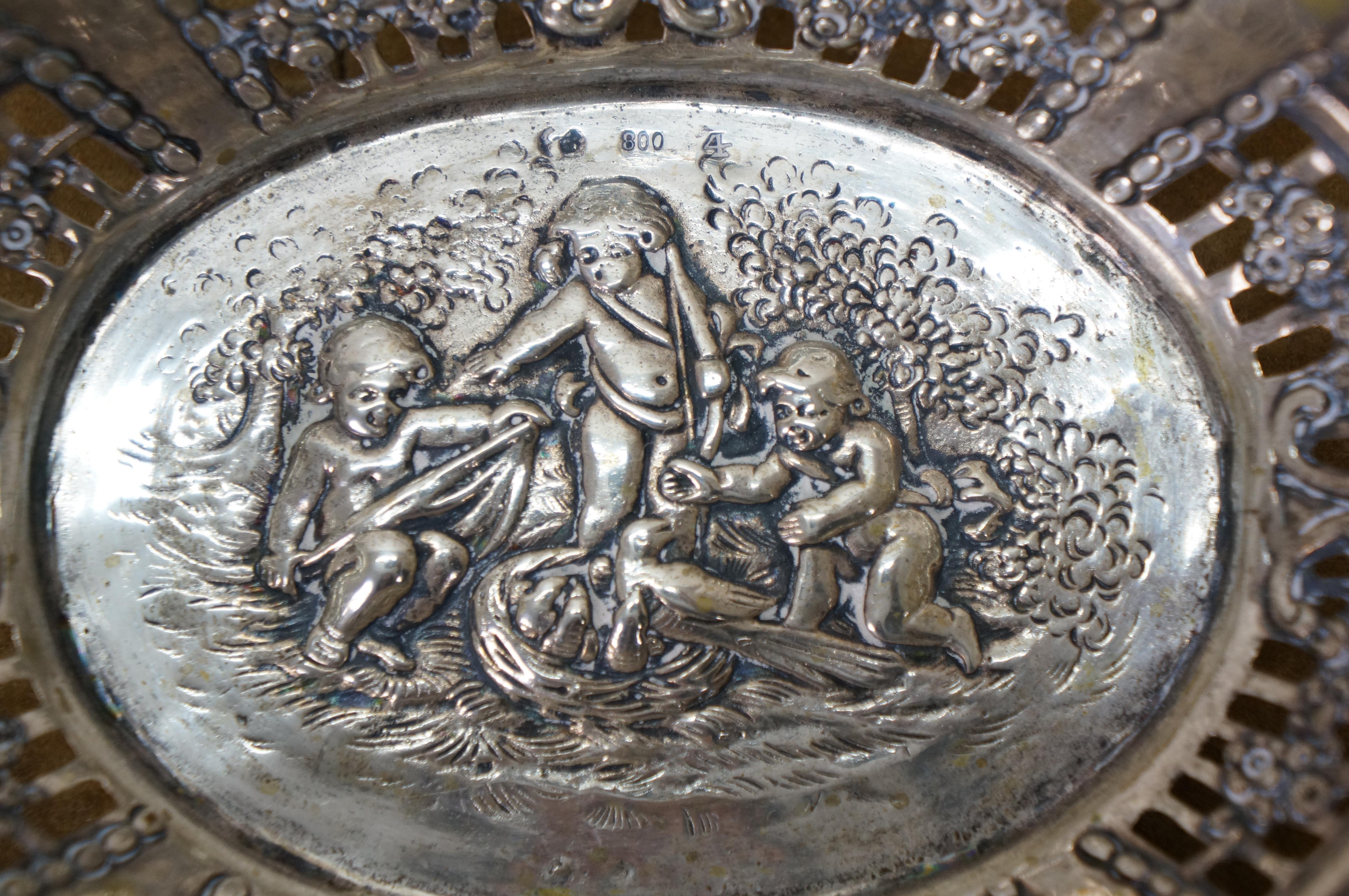 2 Antique German 800 Silver Repousse Pierced Putti Cherub Bread Bowls Baskets 8