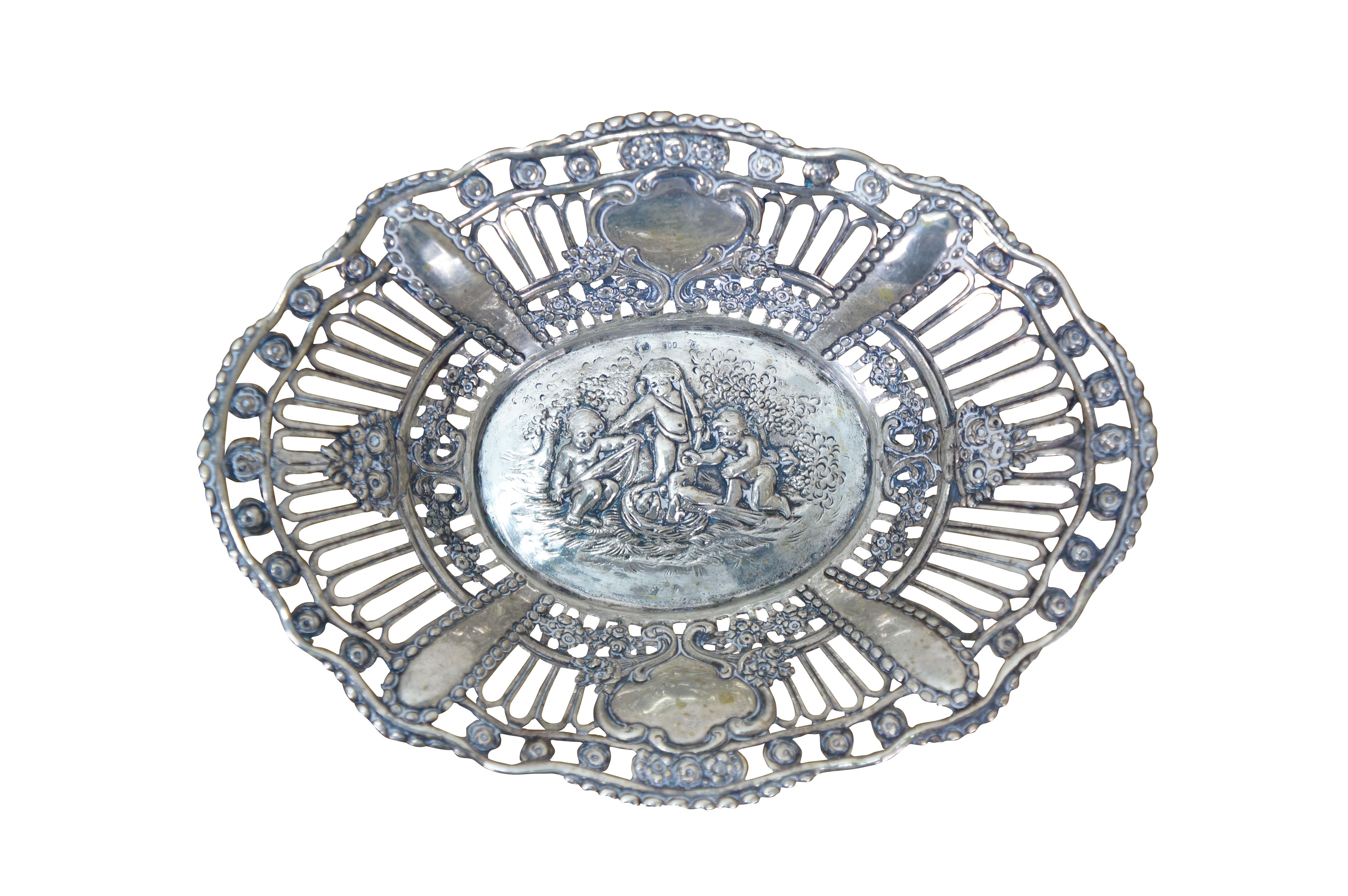 Victorian 2 Antique German 800 Silver Repousse Pierced Putti Cherub Bread Bowls Baskets 8