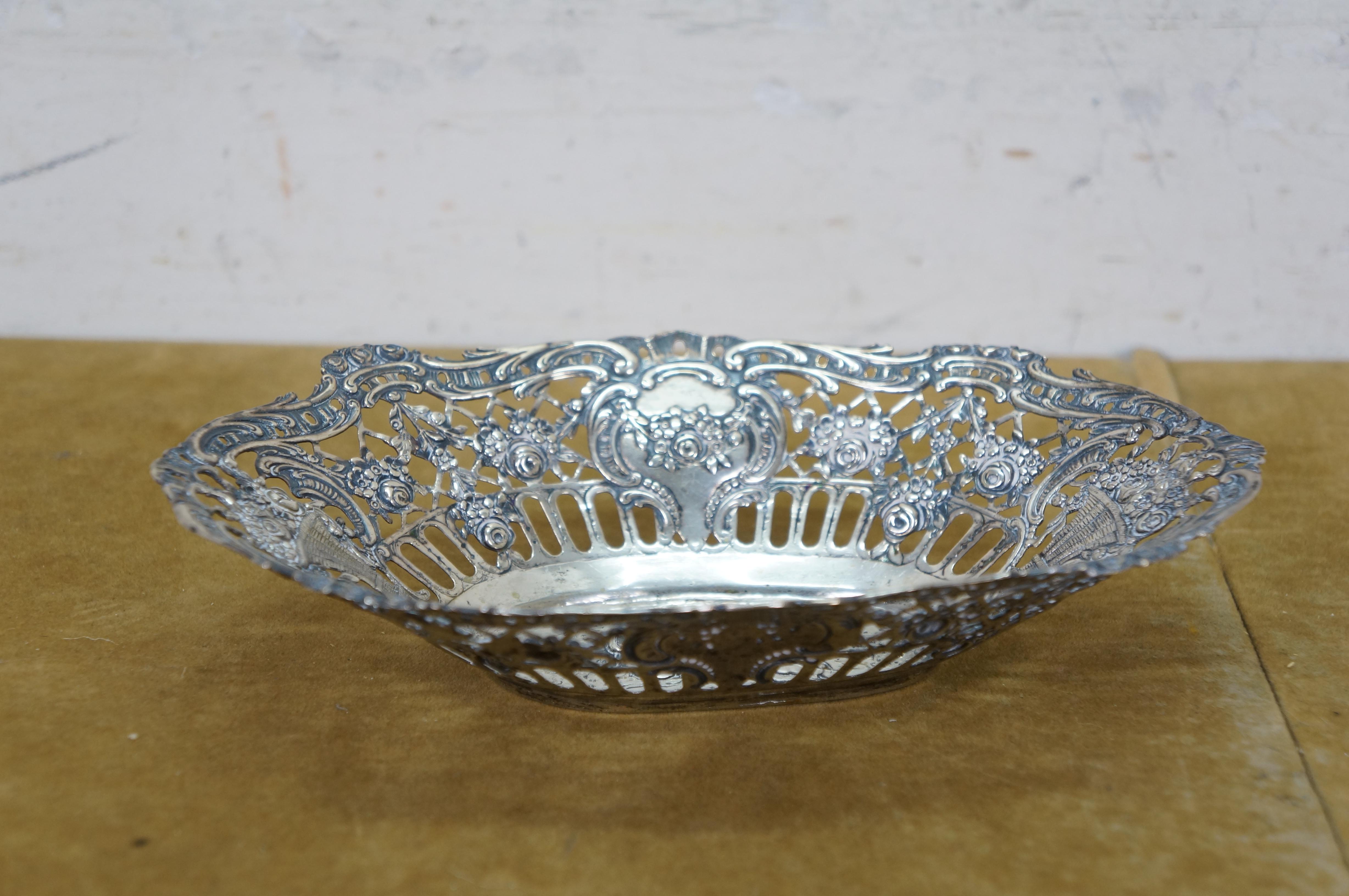 2 Antique German 800 Silver Repousse Pierced Putti Cherub Bread Bowls Baskets 8