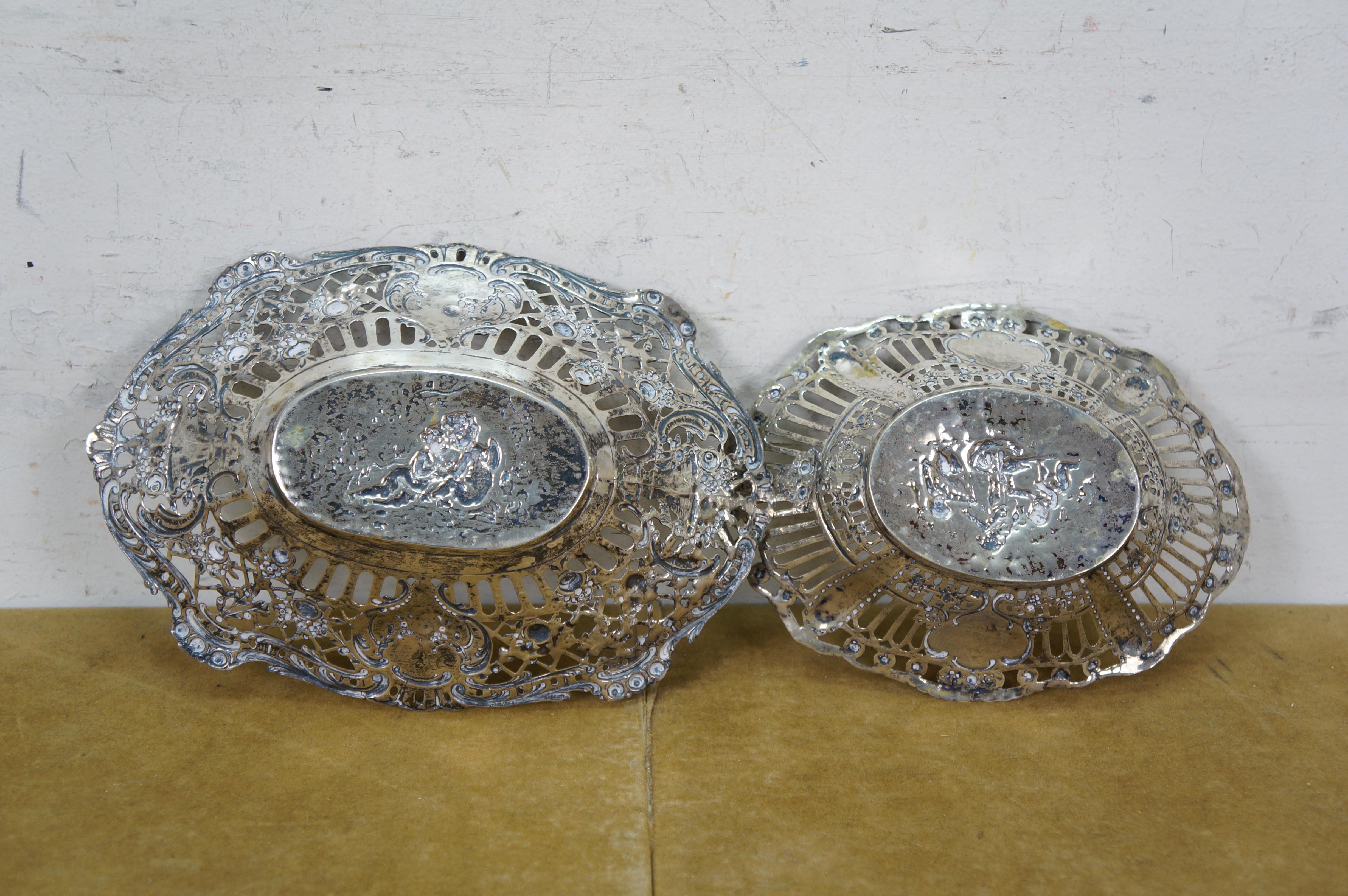 2 Antique German 800 Silver Repousse Pierced Putti Cherub Bread Bowls Baskets 8