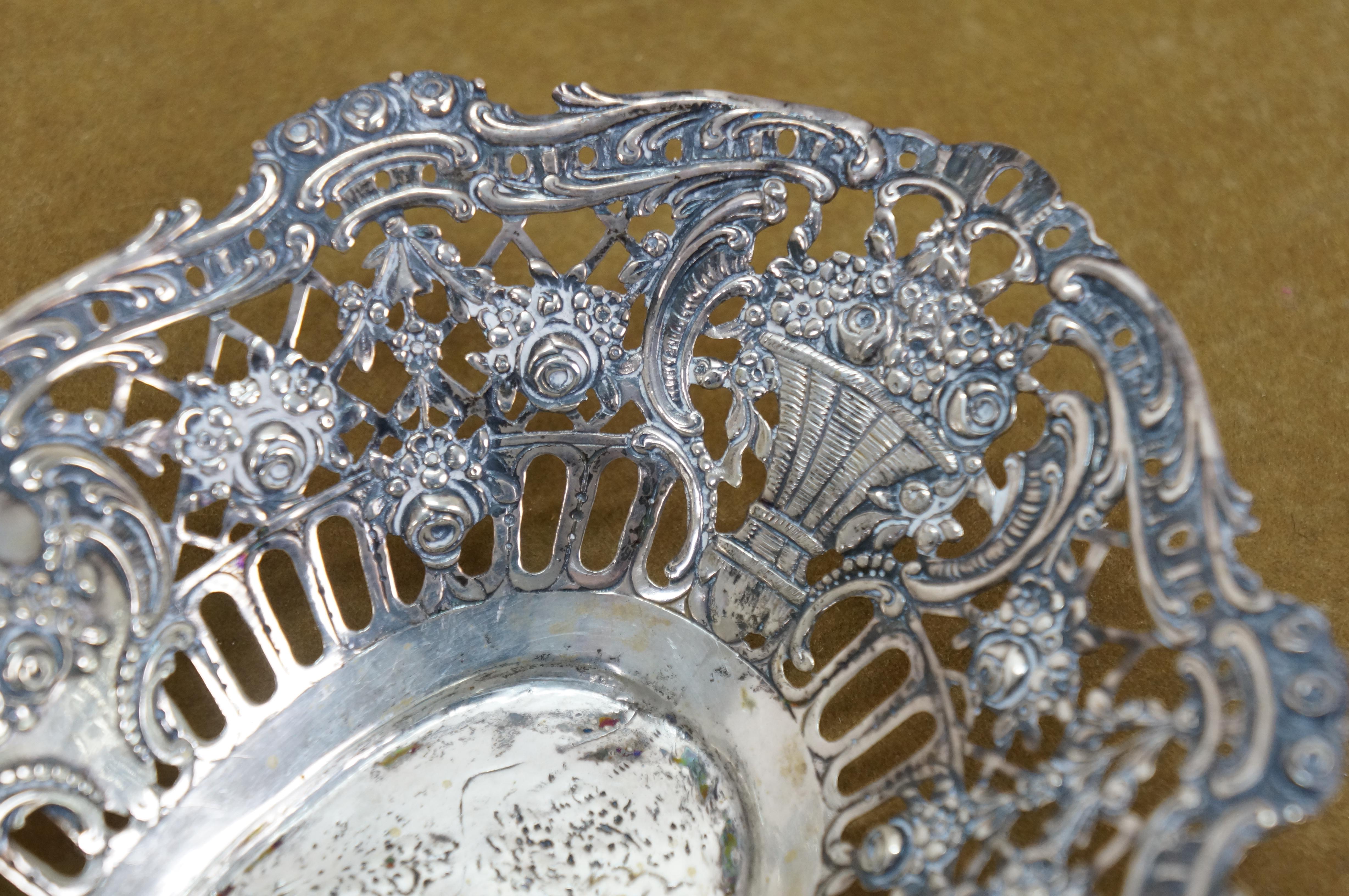 2 Antique German 800 Silver Repousse Pierced Putti Cherub Bread Bowls Baskets 8