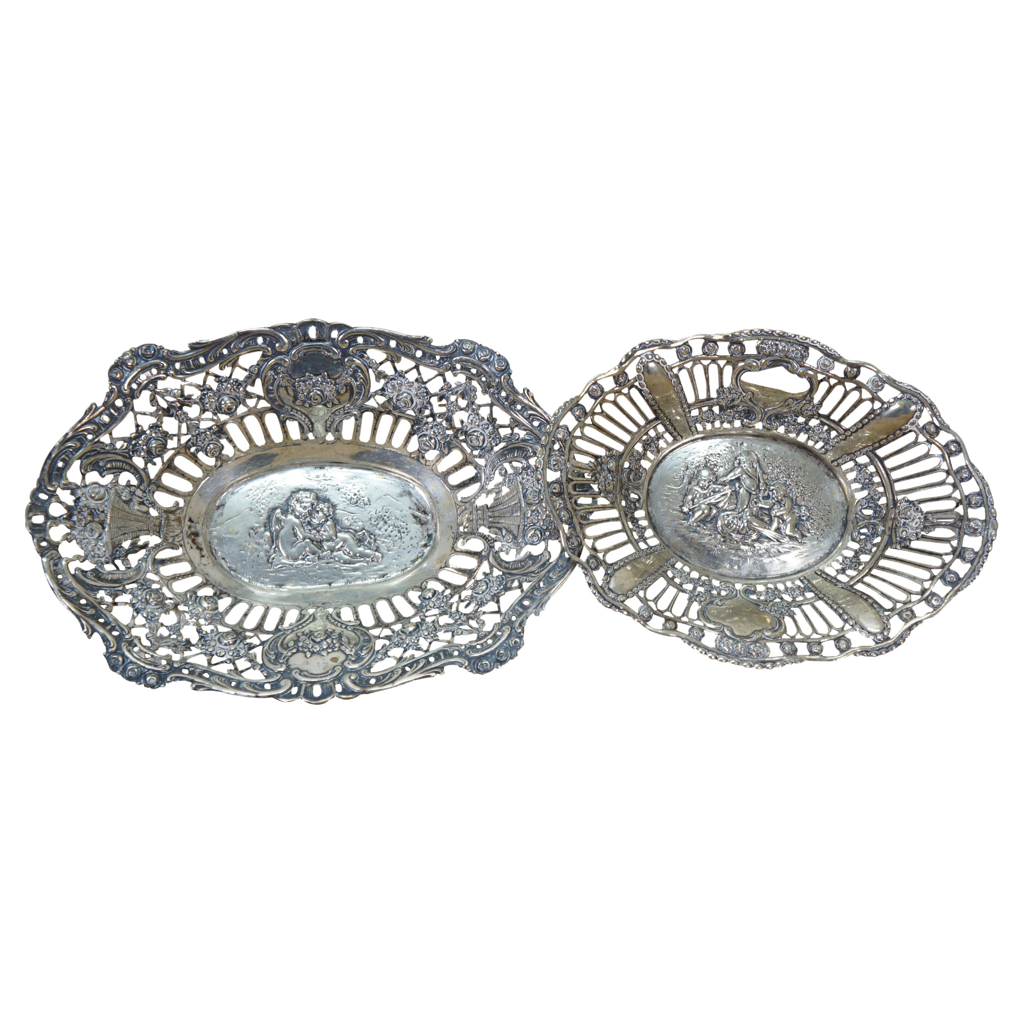 2 Antique German 800 Silver Repousse Pierced Putti Cherub Bread Bowls Baskets 8" For Sale