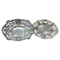 2 Antique German 800 Silver Repousse Pierced Putti Cherub Bread Bowls Baskets 8"