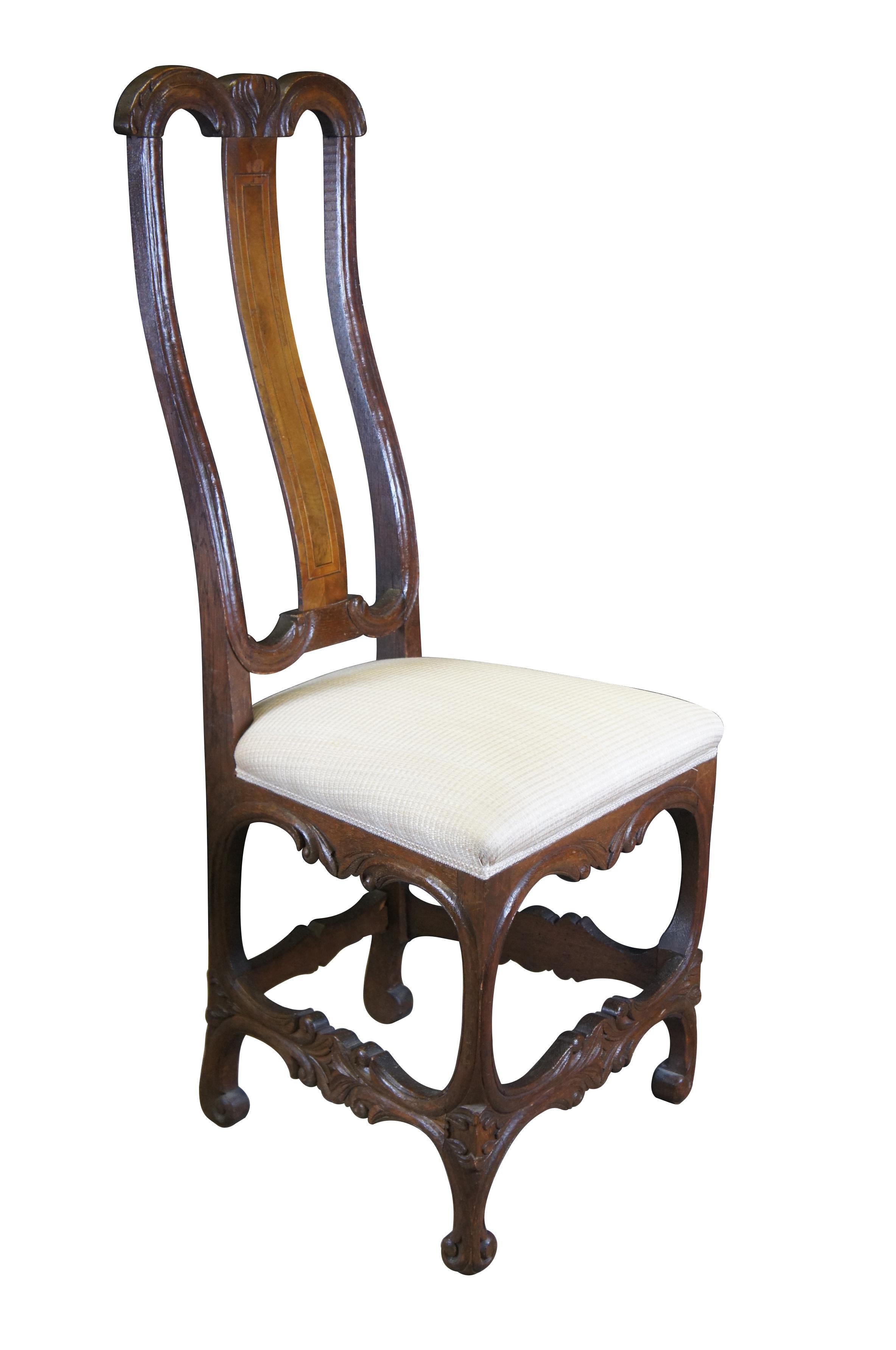 2 Antique German Baroque Carved Oak & Mahogany Inlaid Dining Chairs In Fair Condition For Sale In Dayton, OH