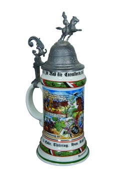 2 Antique German Cavalry Regimental Lithopane Porcelain Lidded Beer Steins 12"