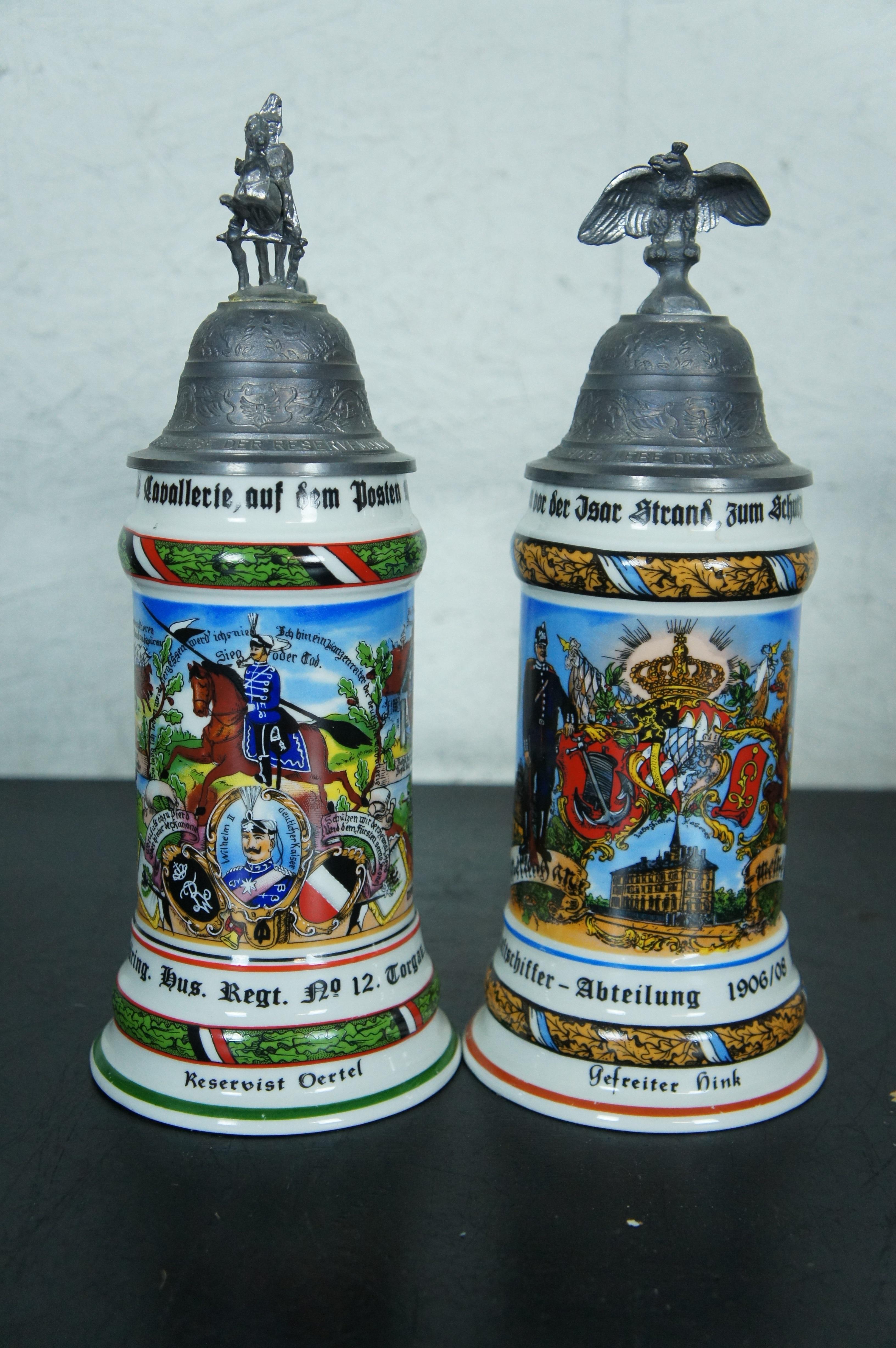 2 Antique German Cavalry Regimental Lithopane Porcelain Lidded Beer Steins 12
