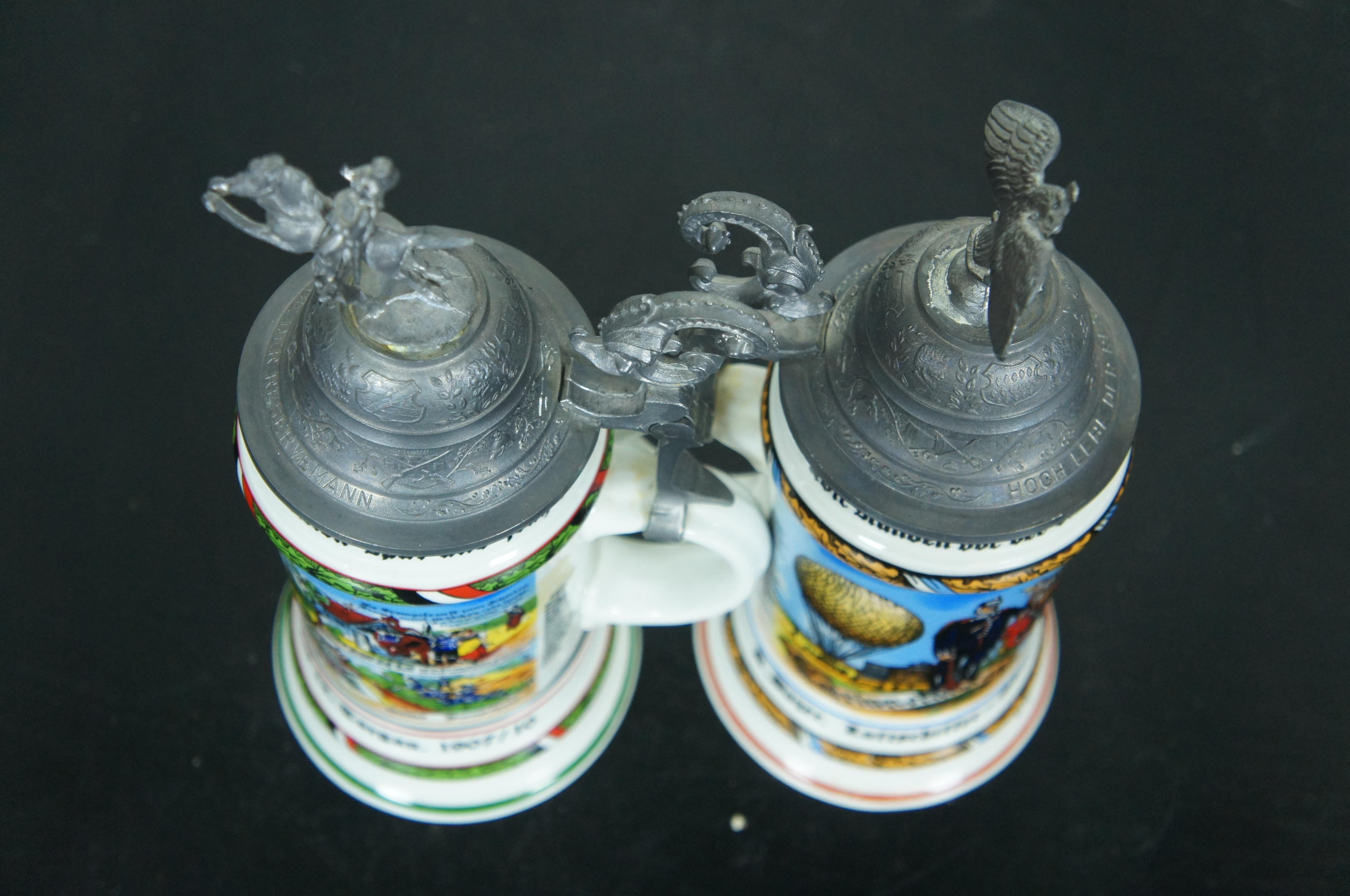2 anciens Steins à bière à couvercle en porcelaine lithopane de la cavalerie régimentaire allemande de 12 pouces en vente 2