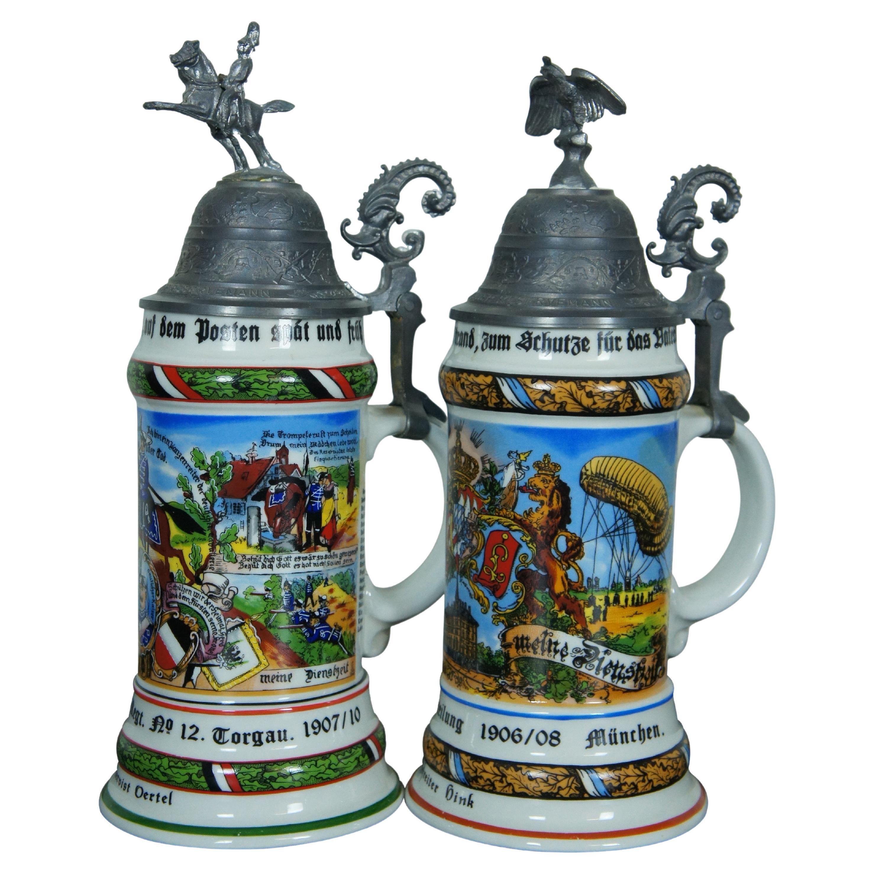 2 Antique German Cavalry Regimental Lithopane Porcelain Lidded Beer Steins 12" For Sale