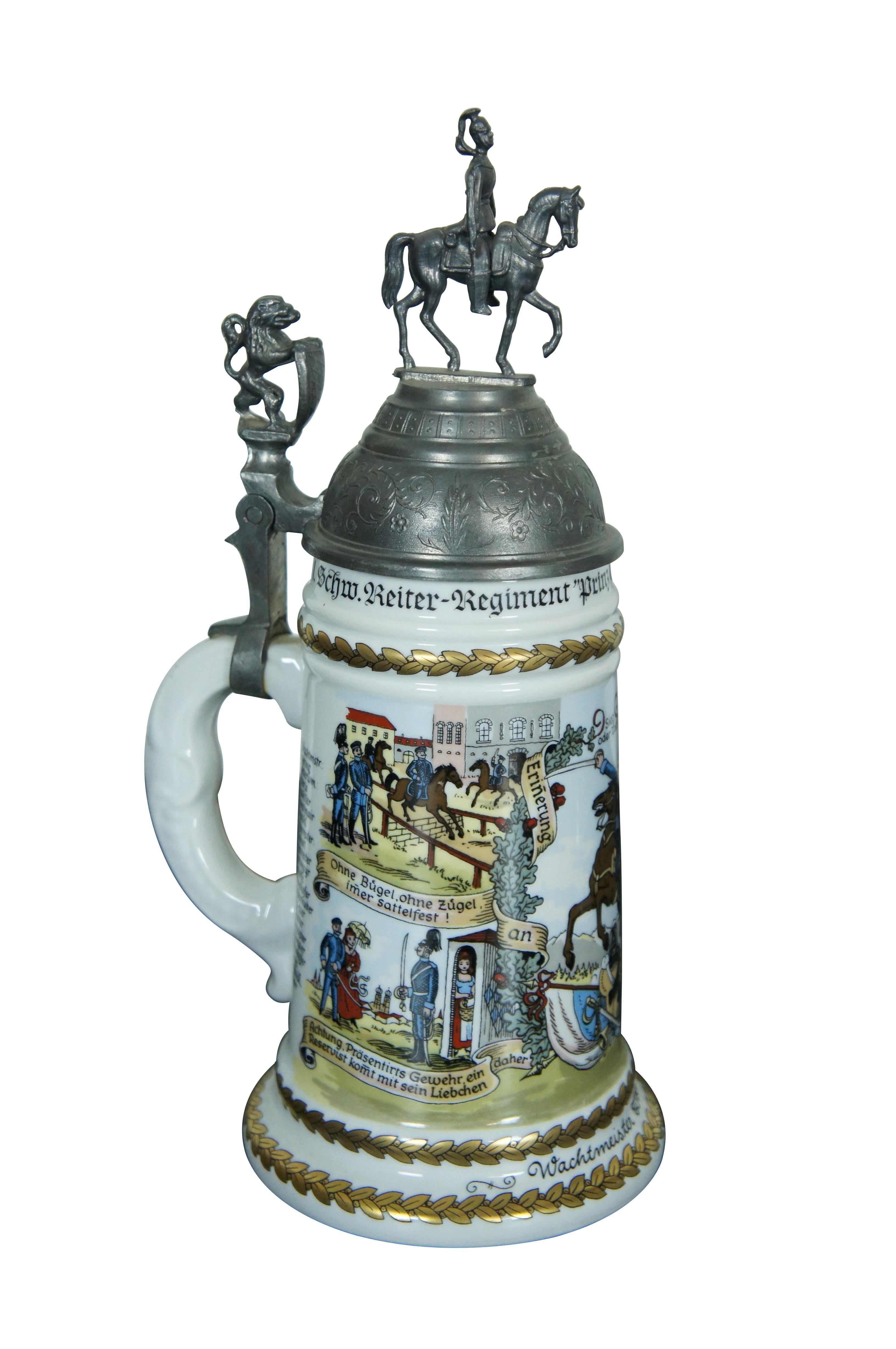 An impressive pair of German military lithopane steins.  Colorful with bold scenes and ornate figural lids.

One was for a Watchmeister (Wachtmeister is a military rank of non-commissioned officers) for the1st heavy cavalry regiment for prince karl