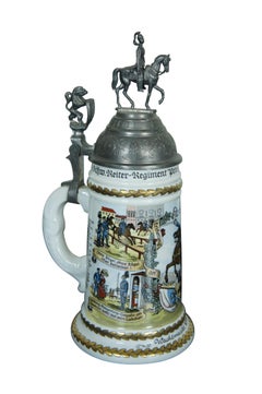 2 Antique German Cavalry Regimental & Reservist Lithopane Porcelain Beer Steins